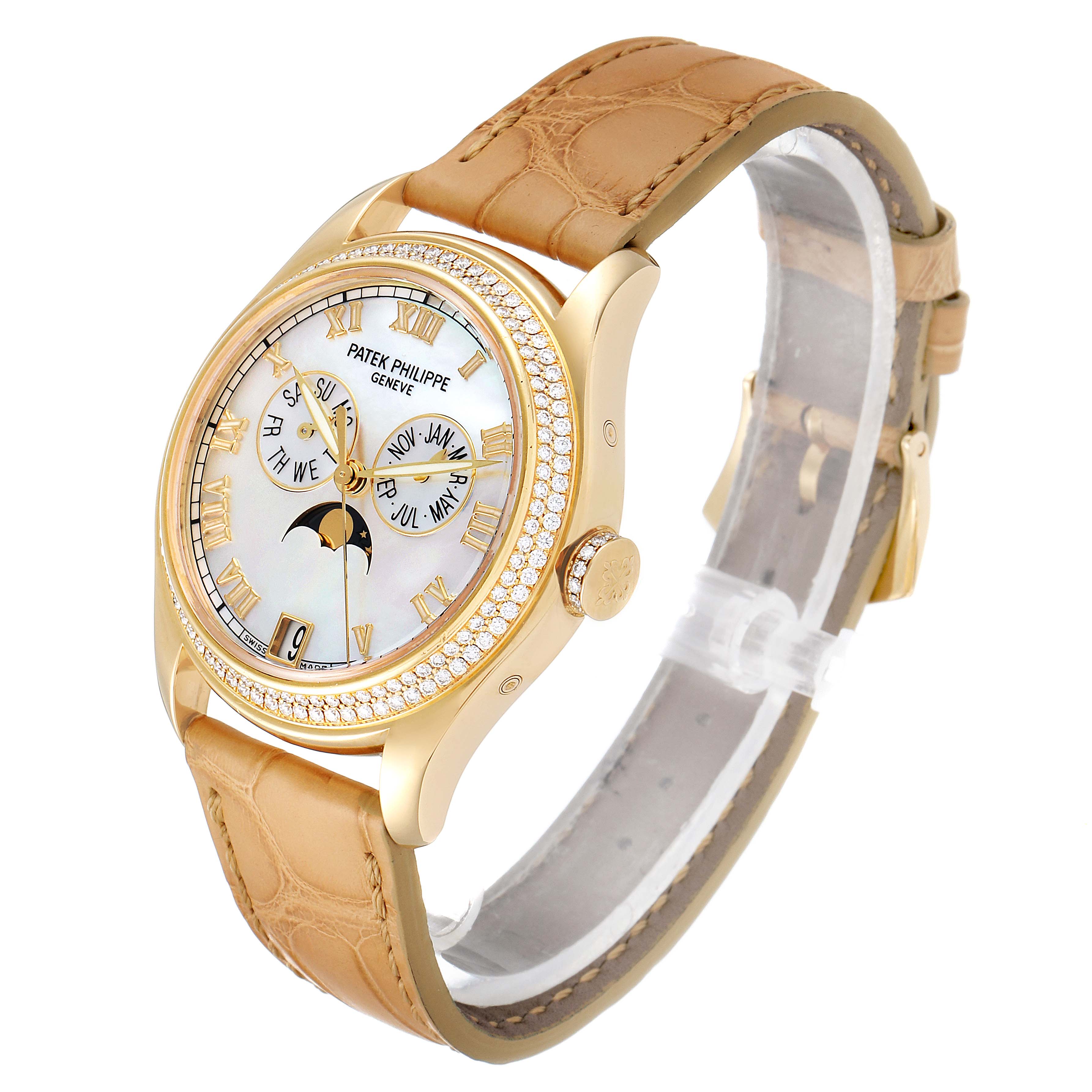 The image shows a side angle of the Patek Philippe 4936J Men's Yellow Gold Mother of Pearl Dial 4936J Men's Yellow Gold Mother of Pearl Dial 4936 Annual Calendar Yellow Gold MOP Diamond Unisex Watch, highlighting its dial and strap.