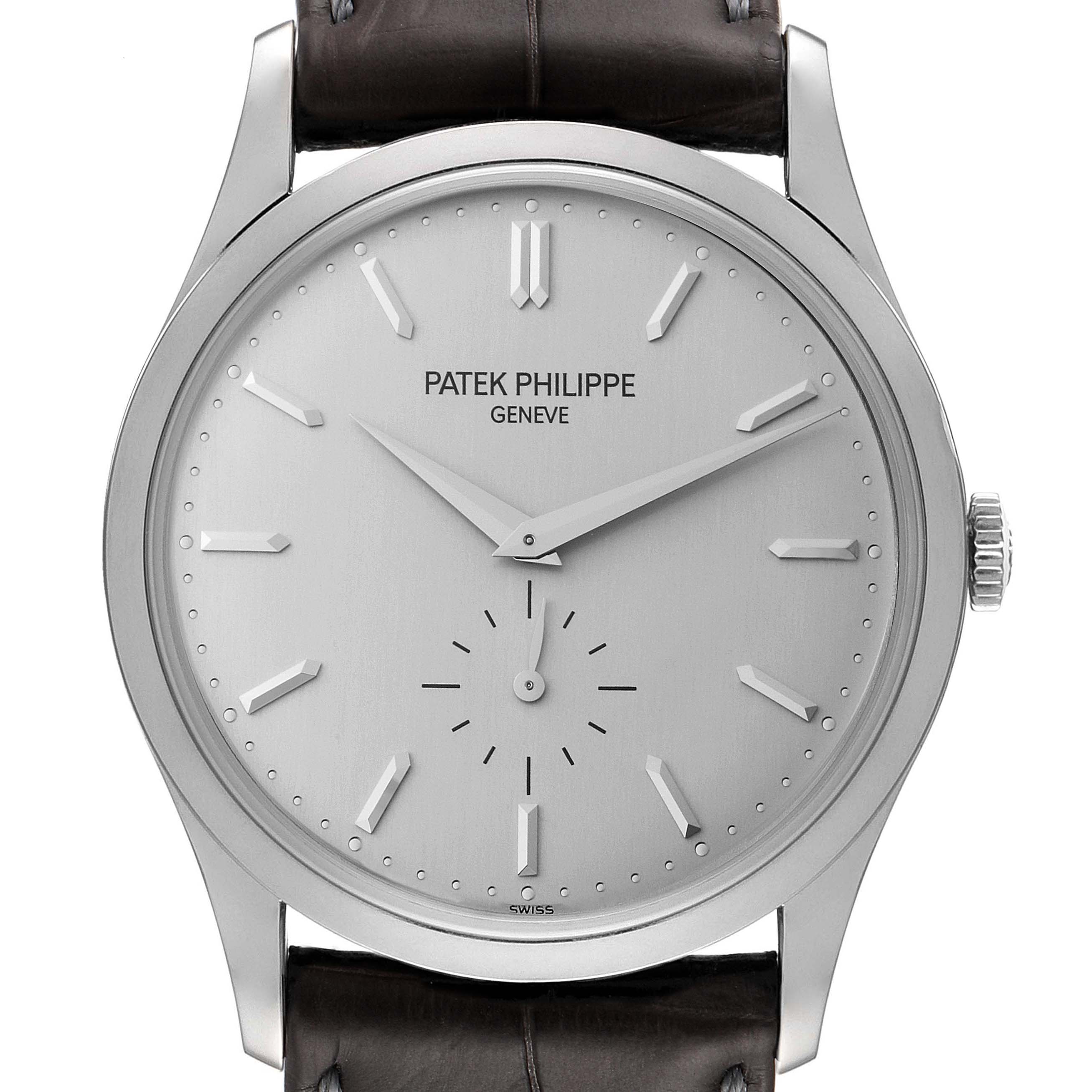 The image shows a front view of the Patek Philippe Calatrava 5196G Men's White Gold Silver Dial 5196G Men's White Gold Silver Dial watch, highlighting the dial, hands, and crown.