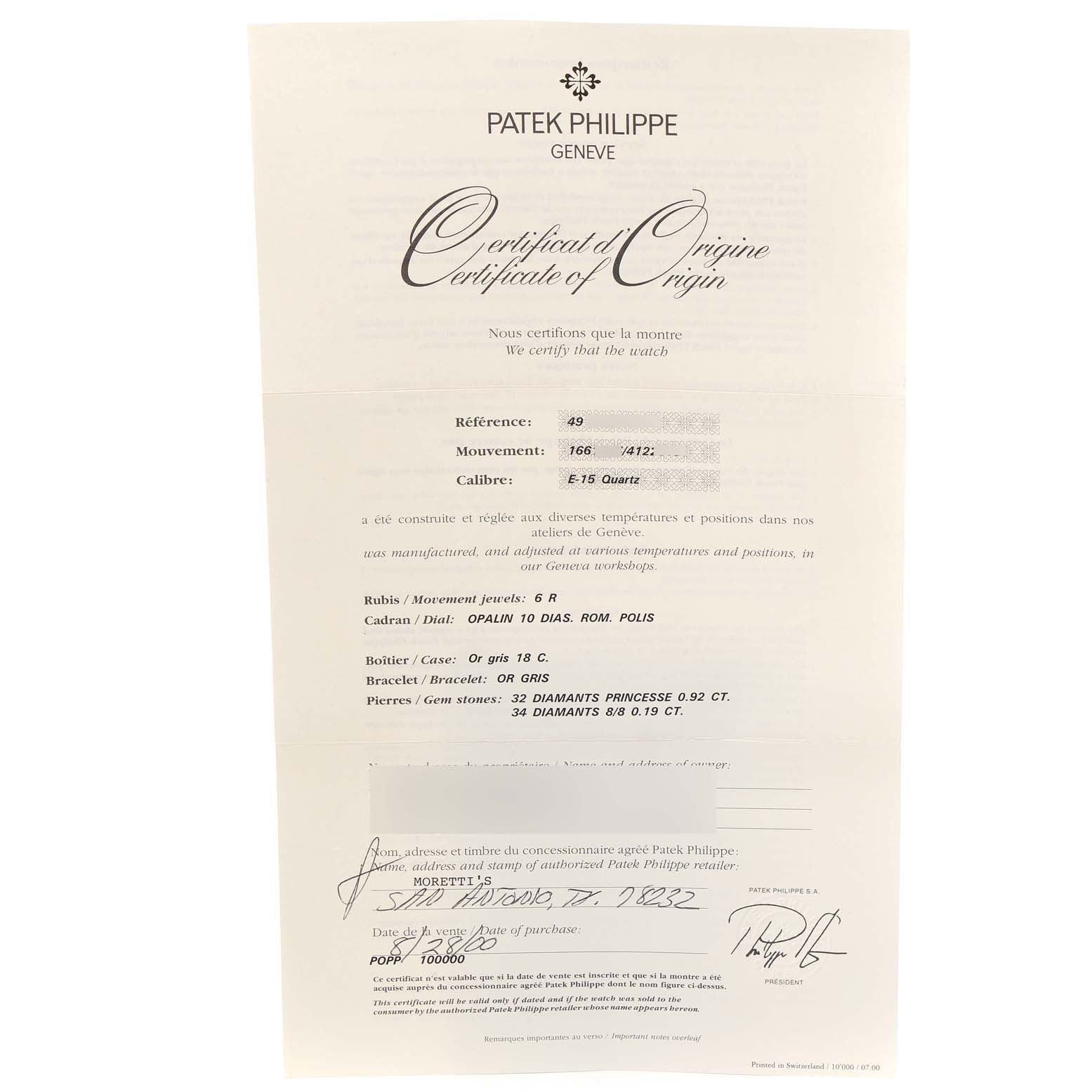 The image shows a "Certificate of Origin" document for the Twenty-4 model by Patek Philippe.