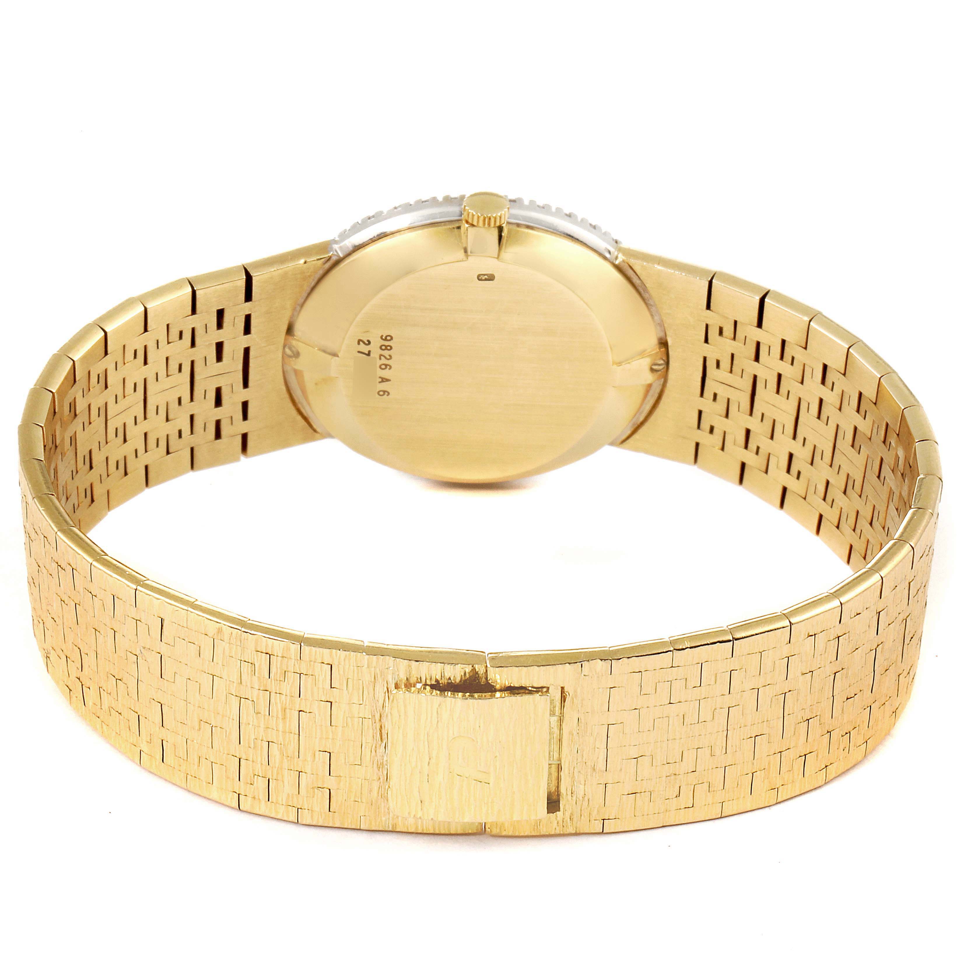 The image shows the back view of the Piaget 9826-A-6 Women's Yellow Gold Brown Dial 9826-A-6 Women's Yellow Gold Brown Dial Yellow Gold Diamond Tiger Eye Vintage Cocktail Ladies Watch 9826 model.