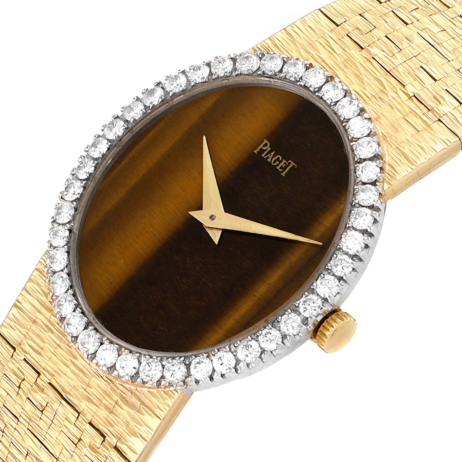 The image shows a close-up angle of the Piaget 9826-A-6 Women's Yellow Gold Brown Dial 9826-A-6 Women's Yellow Gold Brown Dial 9826 Yellow Gold Diamond Tiger Eye Vintage Cocktail Ladies Watch, displaying the bezel, dial, crown, and part of the bracelet.