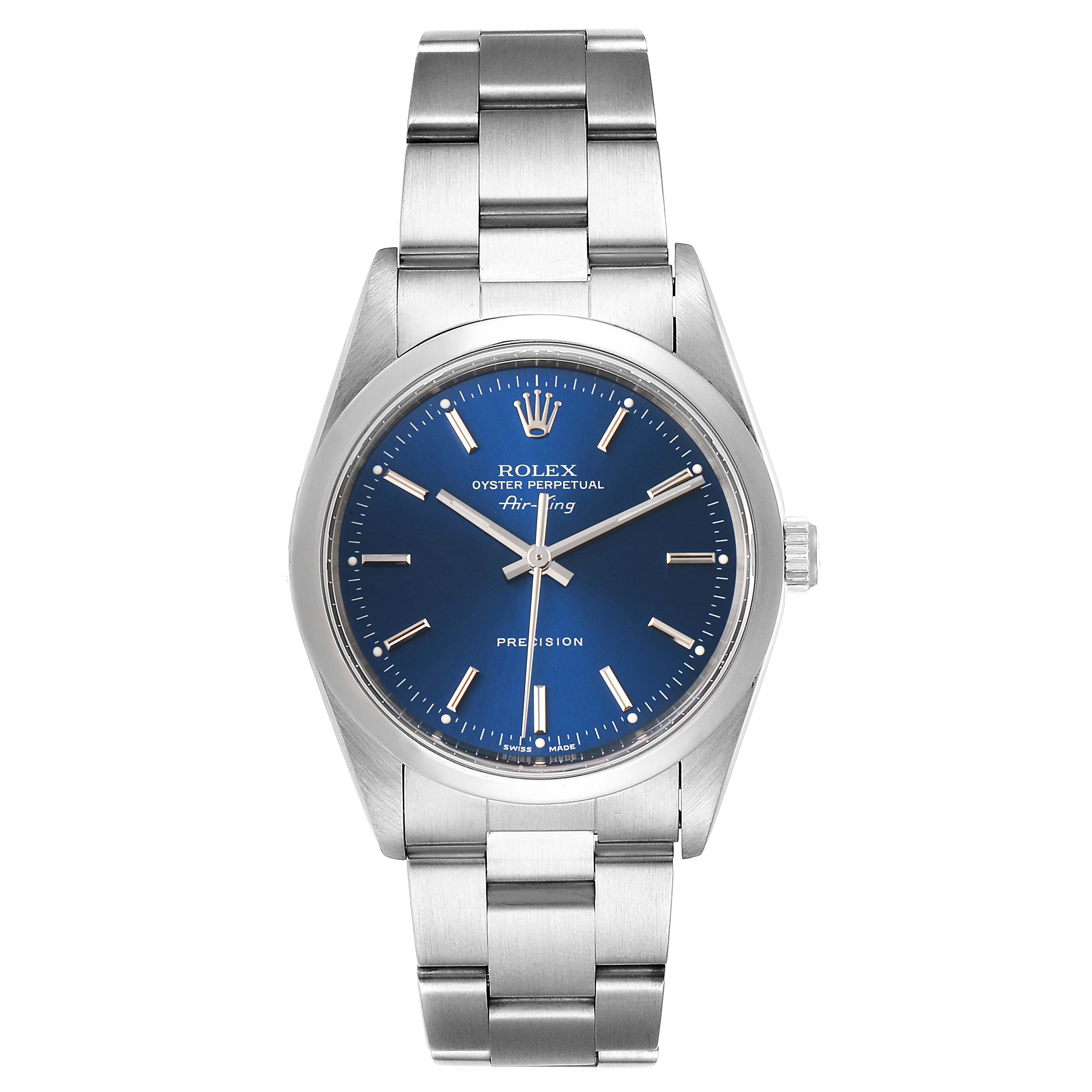 The Rolex Air-King 14000M Men's Stainless Steel Blue Dial 14000M Men's Stainless Steel Blue Dial watch is shown from the front, displaying the blue dial, bezel, crown, and stainless steel bracelet.