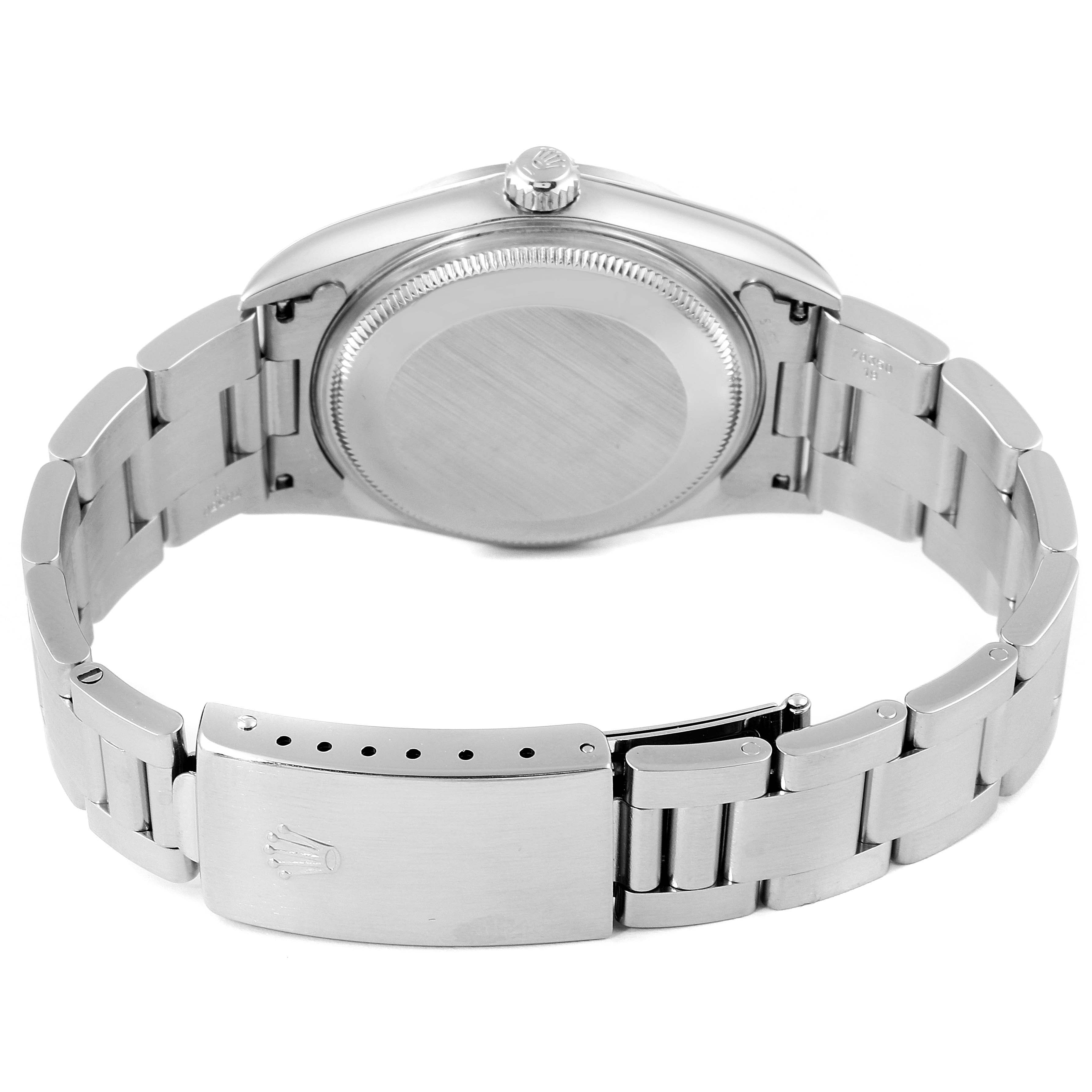 The image shows the back view of a Rolex Air-King 14000M Men's Stainless Steel Blue Dial 14000M Men's Stainless Steel Blue Dial watch, highlighting its case back and metal bracelet clasp.