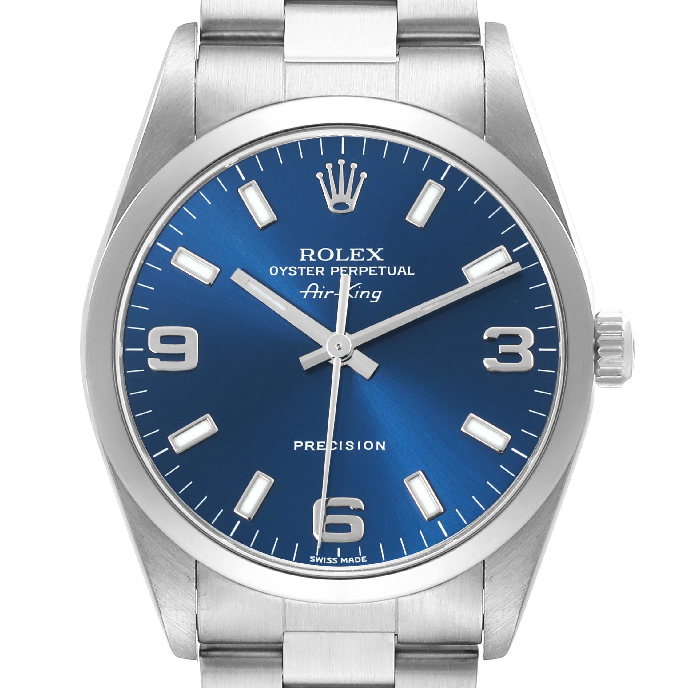 The image shows a frontal view of the Rolex Air-King 14000M Men's Stainless Steel Blue Dial 14000M Men's Stainless Steel Blue Dial watch highlighting its dial, casing, and part of the bracelet.