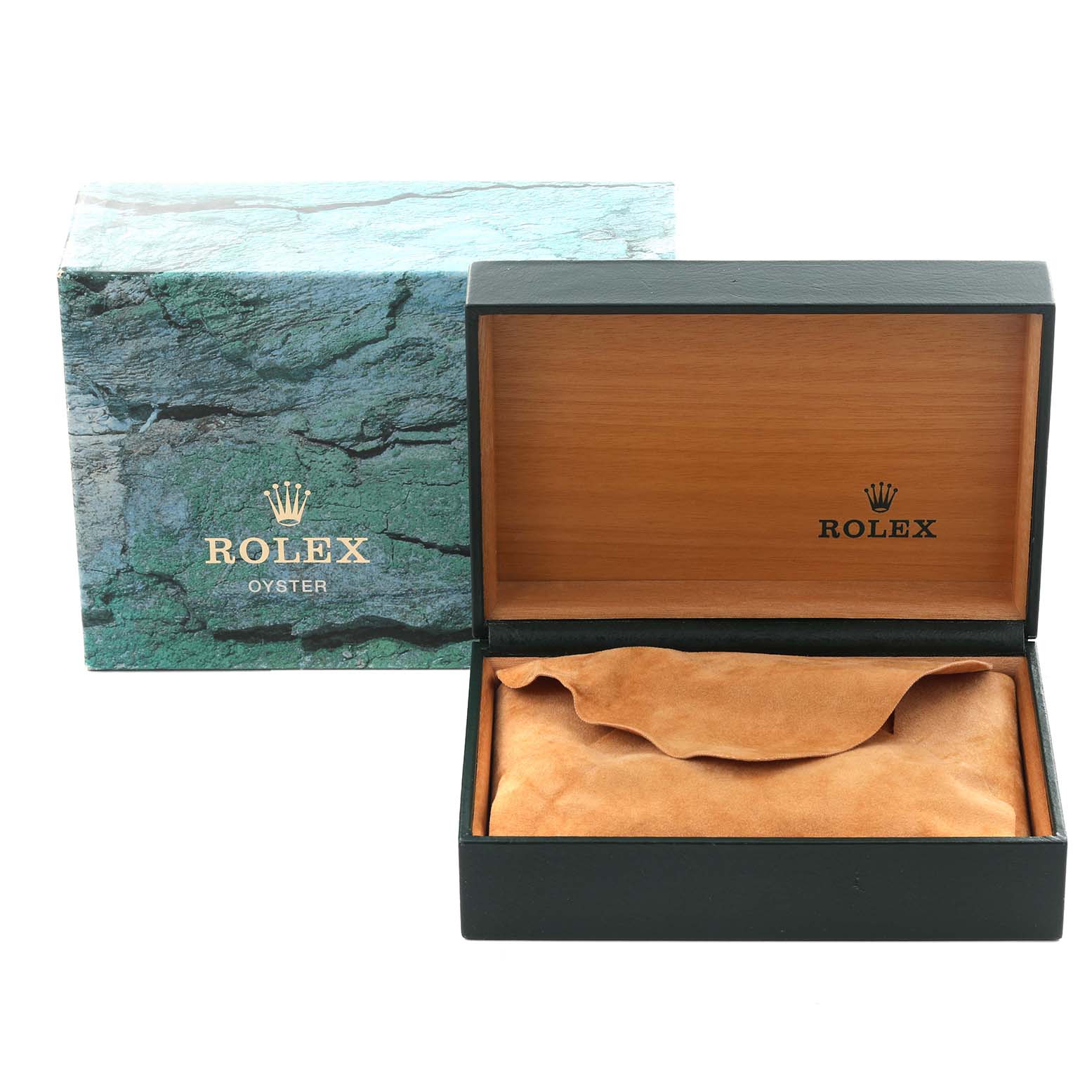 The image shows the packaging for a Rolex Air-King 14000M Men's Stainless Steel Blue Dial 14000M Men's Stainless Steel Blue Dial, featuring an open wooden box and an outer green box.