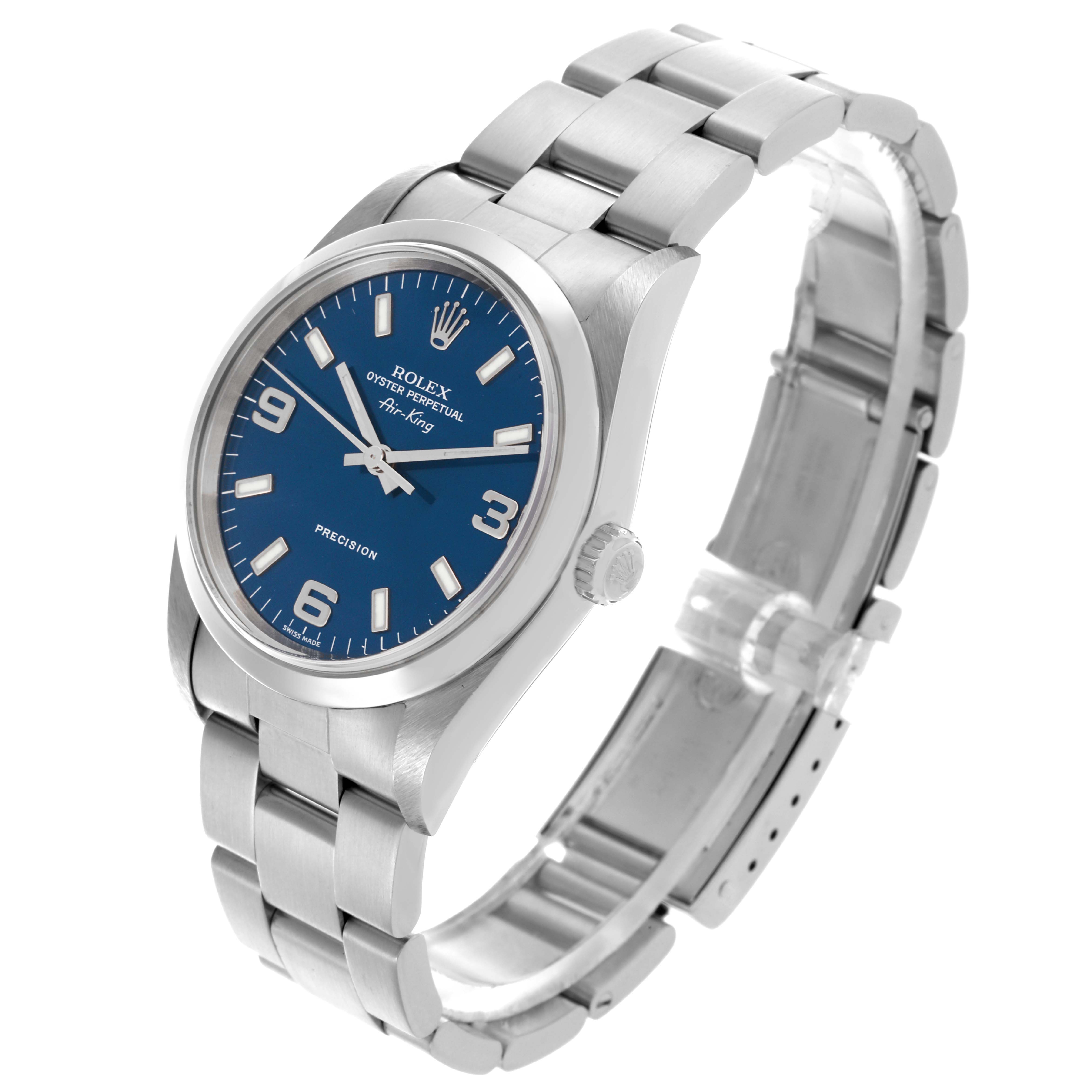 The Rolex Air-King 14000M Men's Stainless Steel Blue Dial 14000M Men's Stainless Steel Blue Dial watch is shown at a three-quarter angle, highlighting its dial, case, crown, and bracelet.