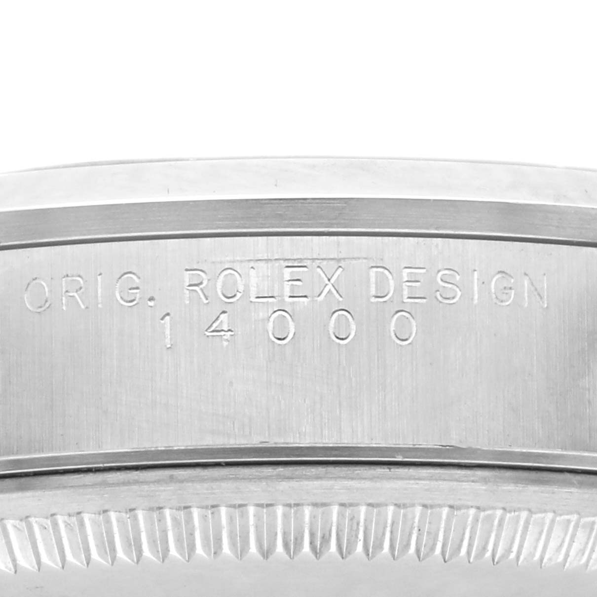 The image shows a close-up of the side of a Rolex Air-King 14000M Men's Stainless Steel Blue Dial 14000M Men's Stainless Steel Blue Dial watch, featuring the "ORIG. ROLEX DESIGN 14000" inscription.