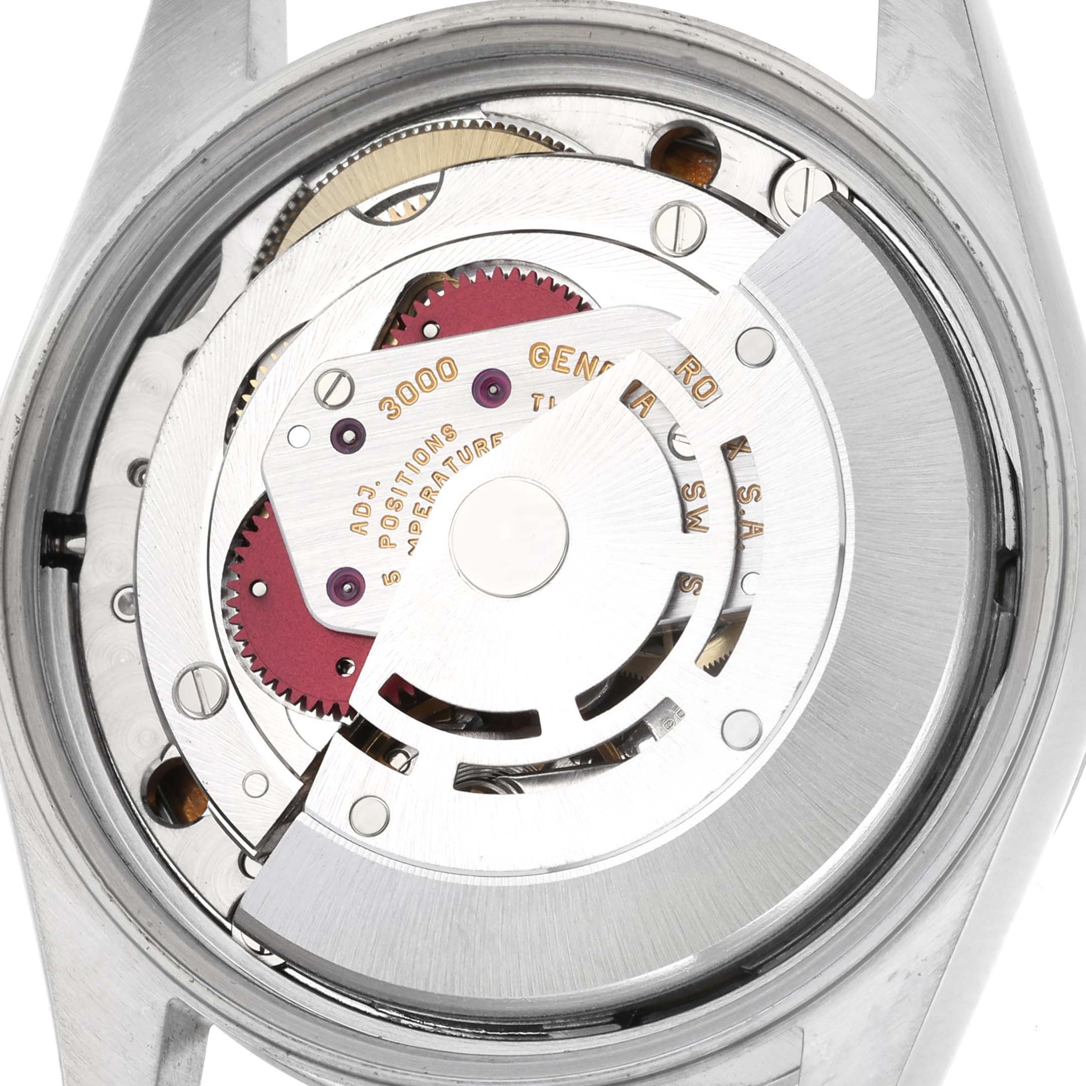 The image shows the movement and internal components of a Rolex Air-King 14000M Men's Stainless Steel Blue Dial 14000M Men's Stainless Steel Blue Dial watch from a back angle.