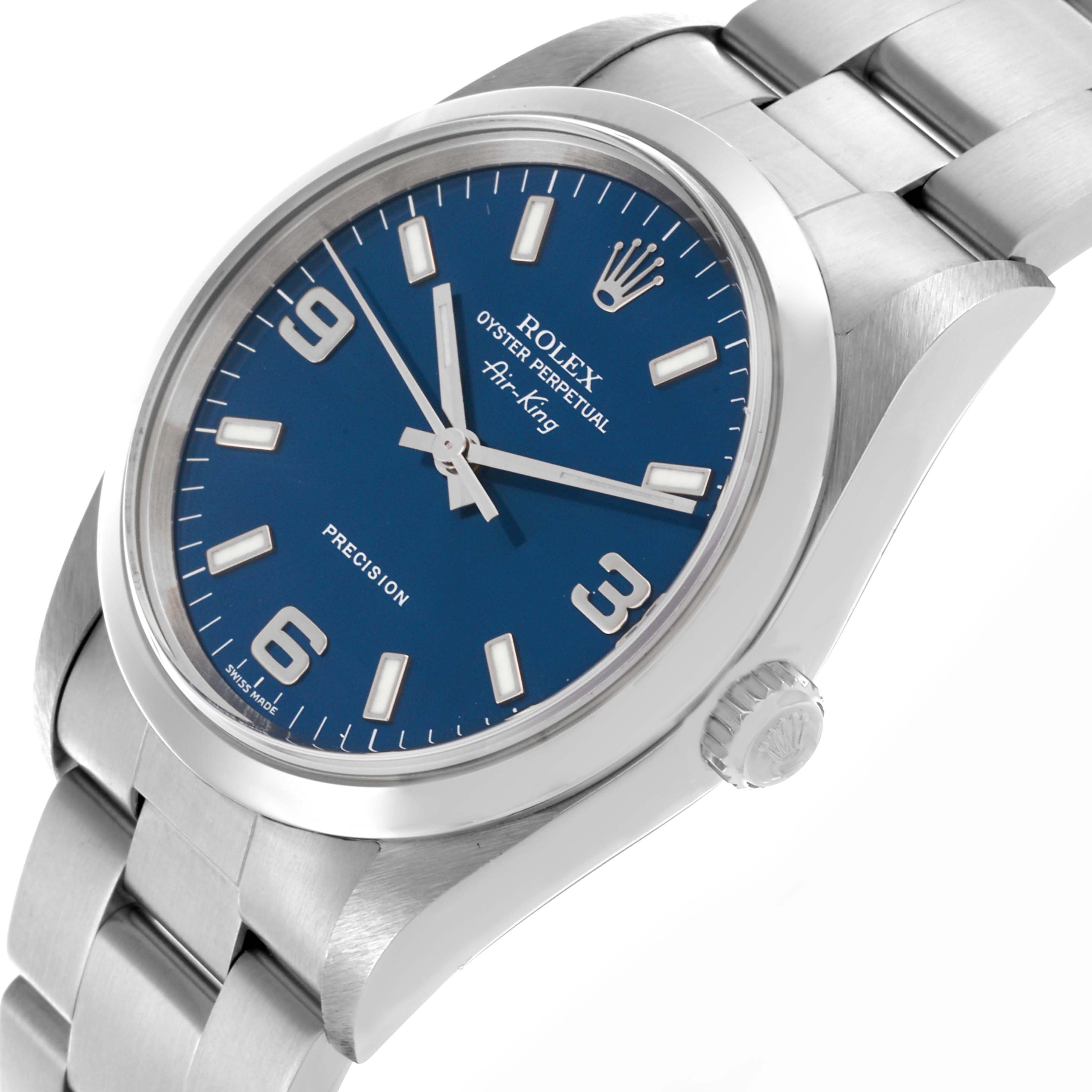 The Rolex Air-King 14000M Men's Stainless Steel Blue Dial 14000M Men's Stainless Steel Blue Dial watch is shown from an angled view displaying its face, crown, and part of the bracelet.