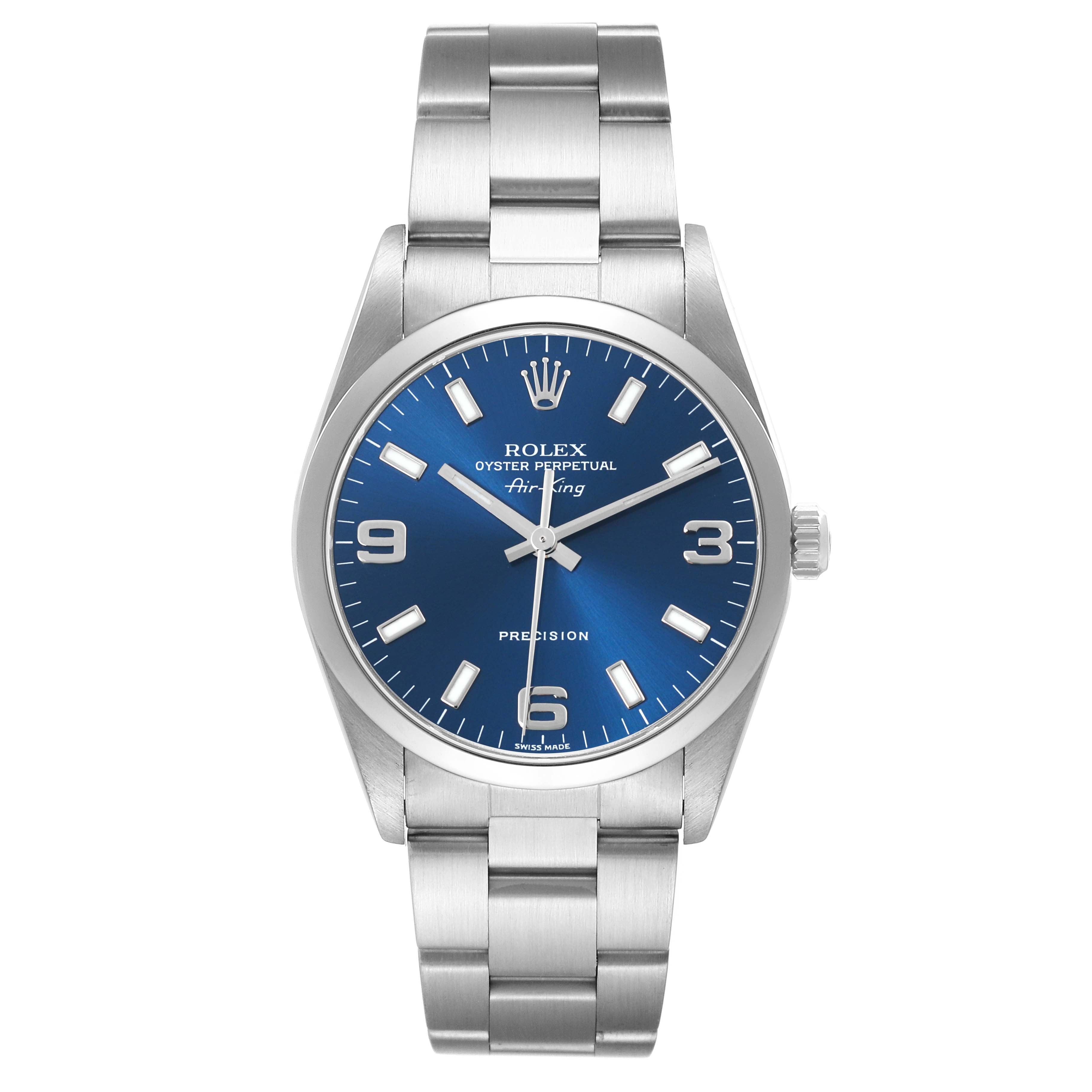 The Rolex Air-King 14000M Men's Stainless Steel Blue Dial 14000M Men's Stainless Steel Blue Dial watch is shown from the front, displaying the dial, bezel, and bracelet.