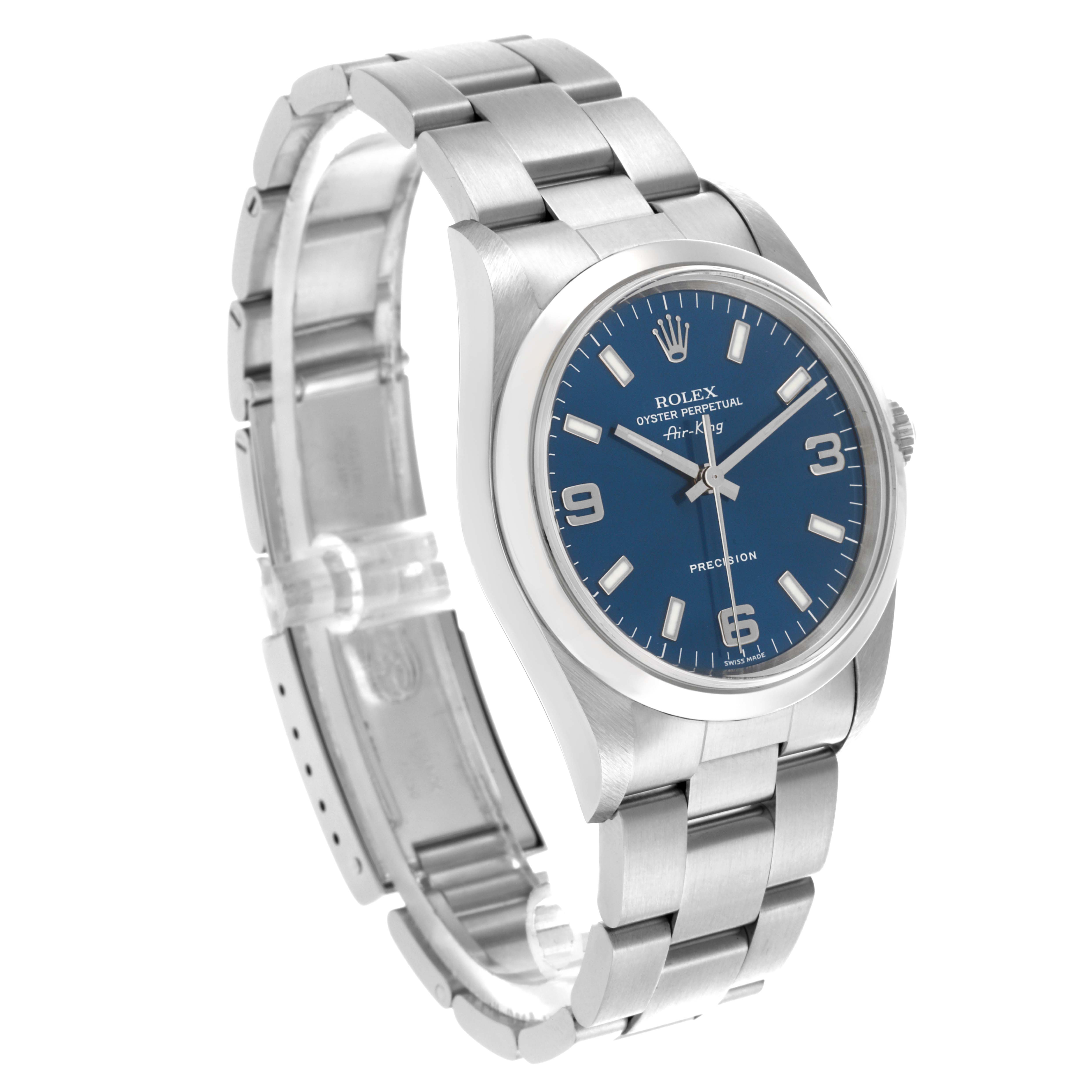 The Rolex Air-King 14000M Men's Stainless Steel Blue Dial 14000M Men's Stainless Steel Blue Dial watch is shown from a three-quarter angle, highlighting the dial, case, bracelet, and clasp.