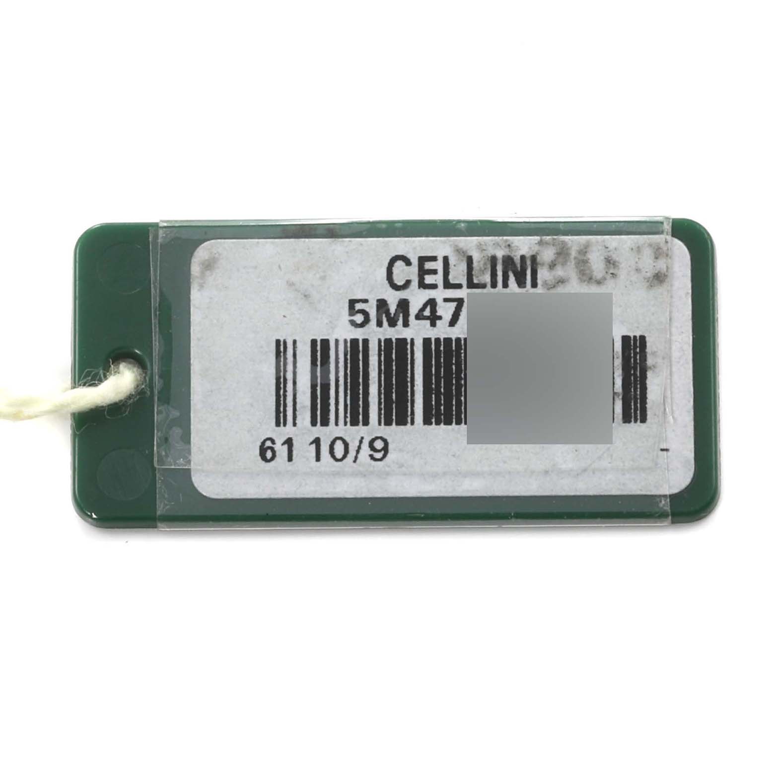 The image shows a green identification tag with a barcode for the Rolex Cellini 6110/9 Women's White Gold White Dial 6110/9 Women's White Gold White Dial model.