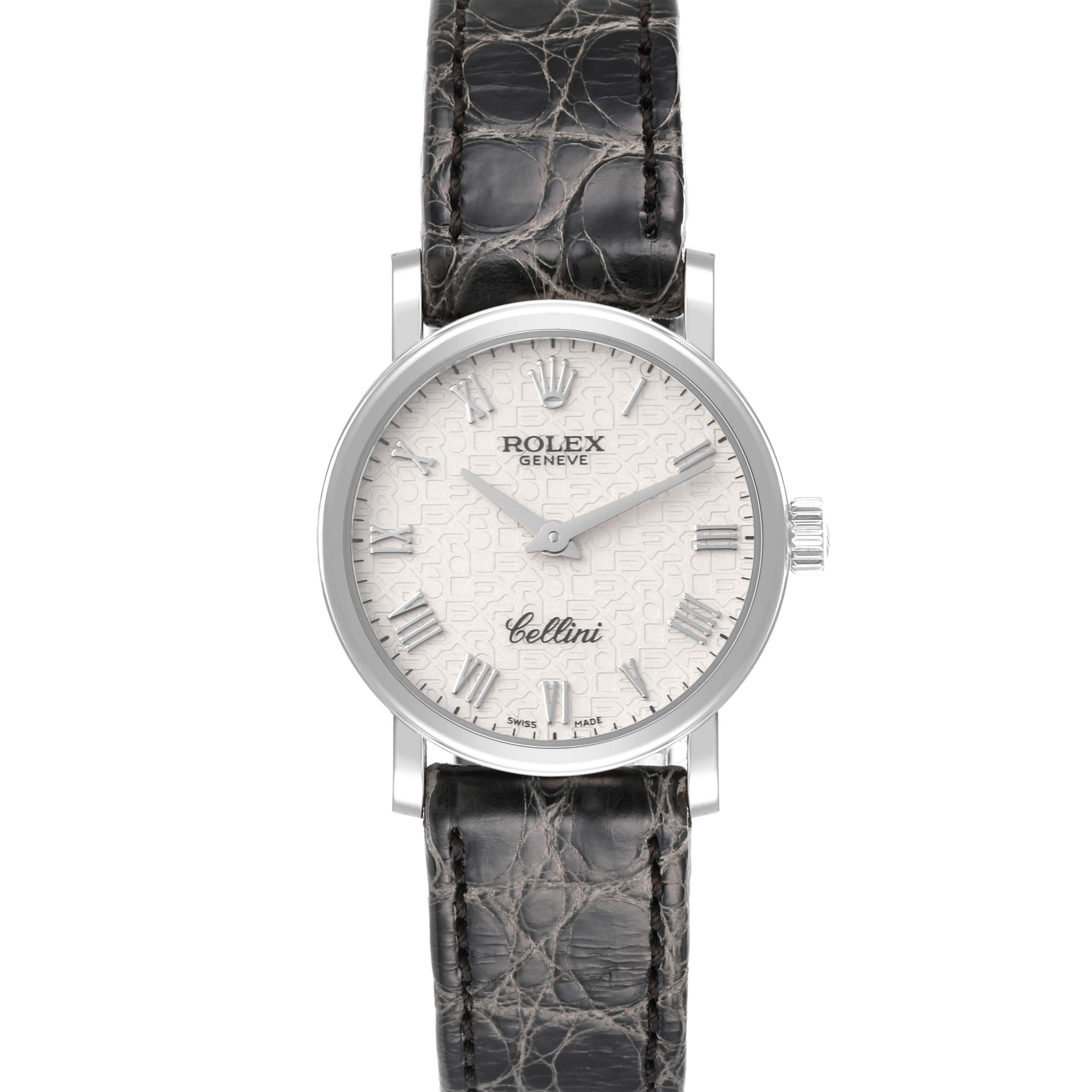 The image shows a front view of a Rolex Cellini 6110/9 Women's White Gold White Dial 6110/9 Women's White Gold White Dial watch, highlighting the dial and leather strap.