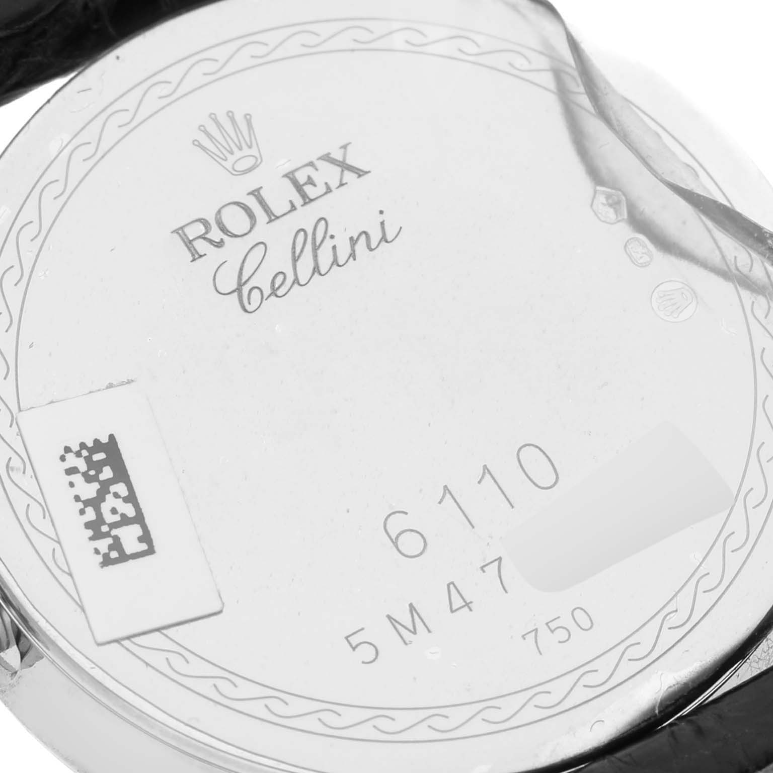 The image shows the case back of a Rolex Cellini 6110/9 Women's White Gold White Dial 6110/9 Women's White Gold White Dial watch with branding and model details visible.