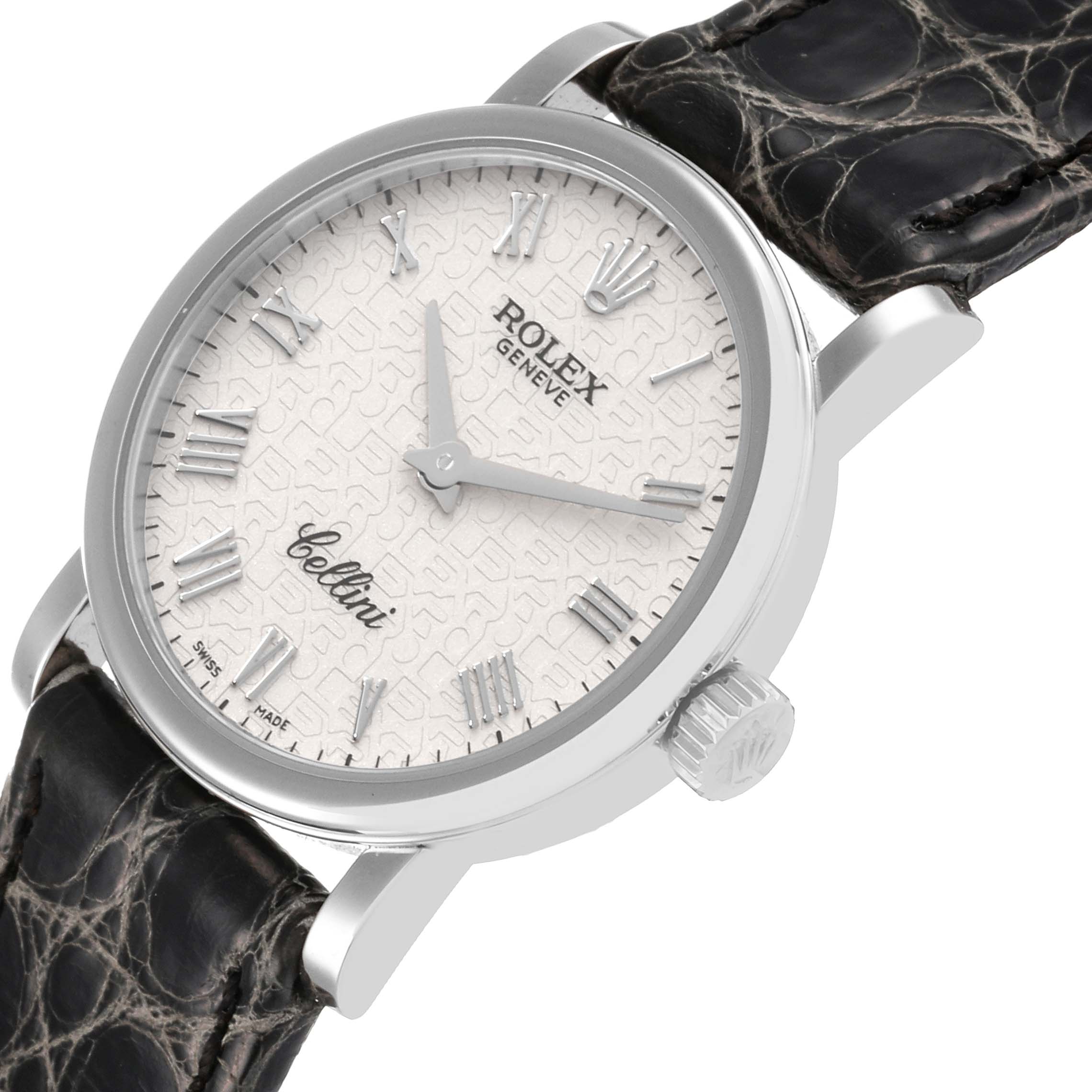 This image shows a side view of the Rolex Cellini 6110/9 Women's White Gold White Dial 6110/9 Women's White Gold White Dial watch, highlighting the face, hands, and leather strap.