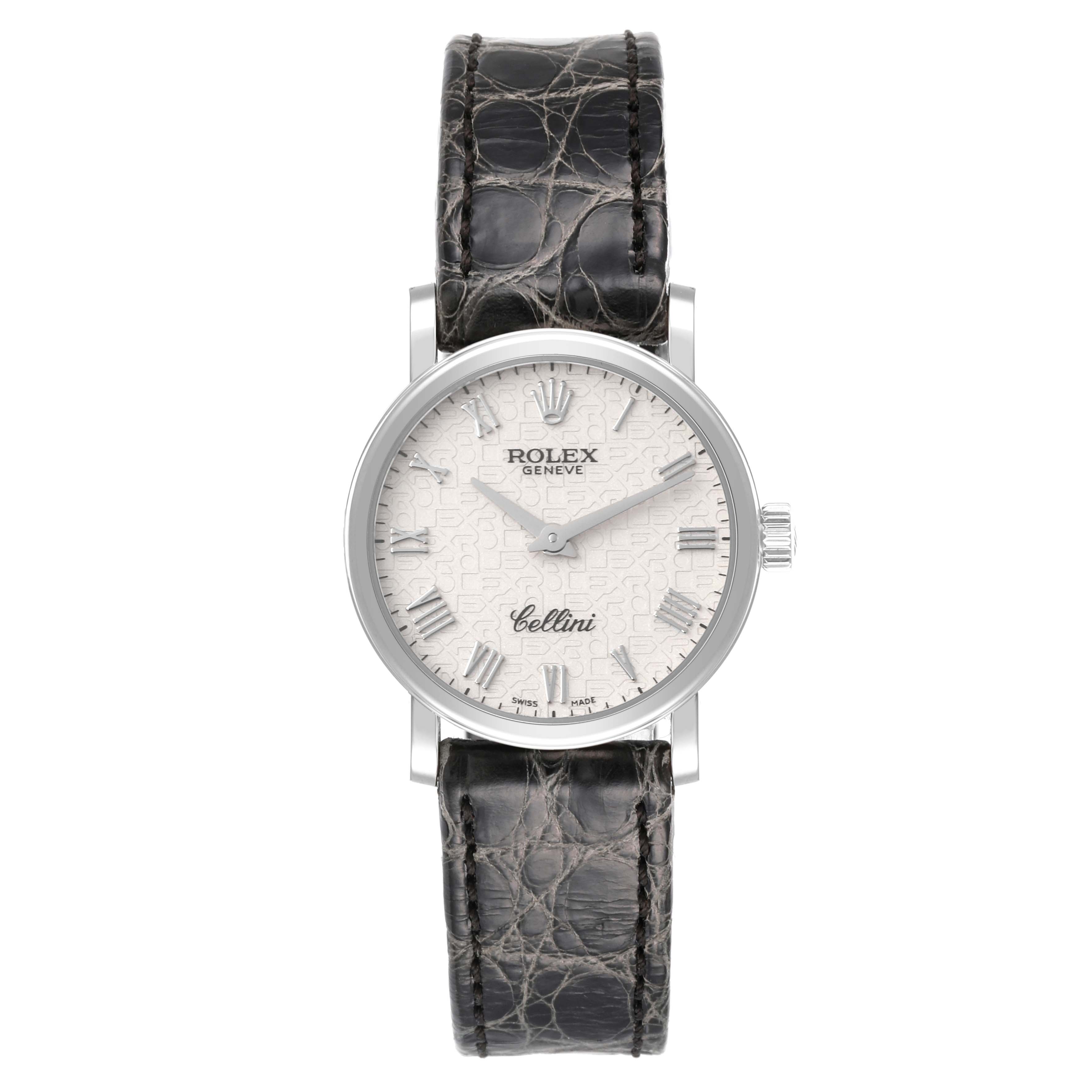 This image shows a front view of a Rolex Cellini 6110/9 Women's White Gold White Dial 6110/9 Women's White Gold White Dial watch, including the face, hands, crown, and leather strap.
