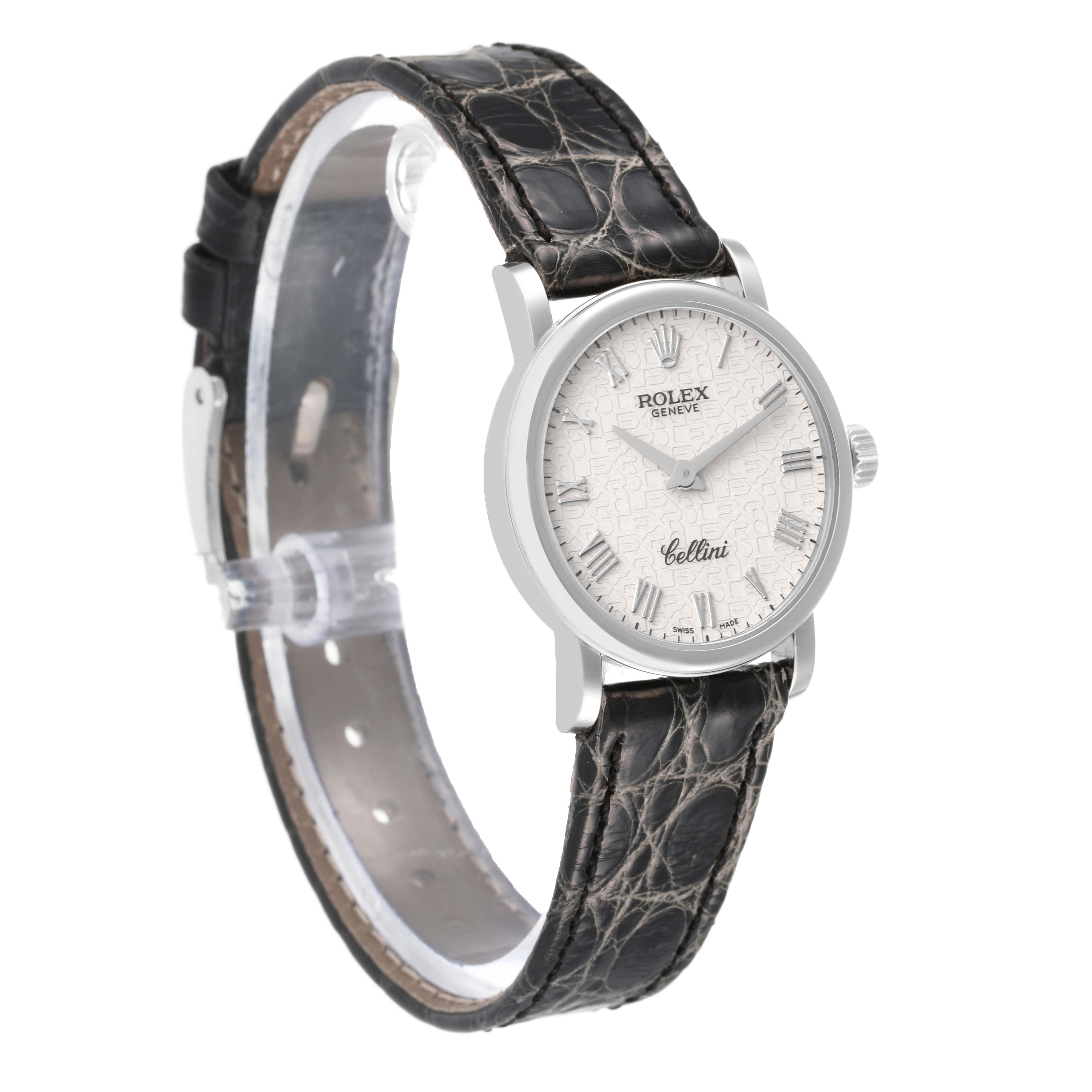 The Rolex Cellini 6110/9 Women's White Gold White Dial 6110/9 Women's White Gold White Dial watch is shown at a slight angle, displaying the face, case, crown, and leather strap.