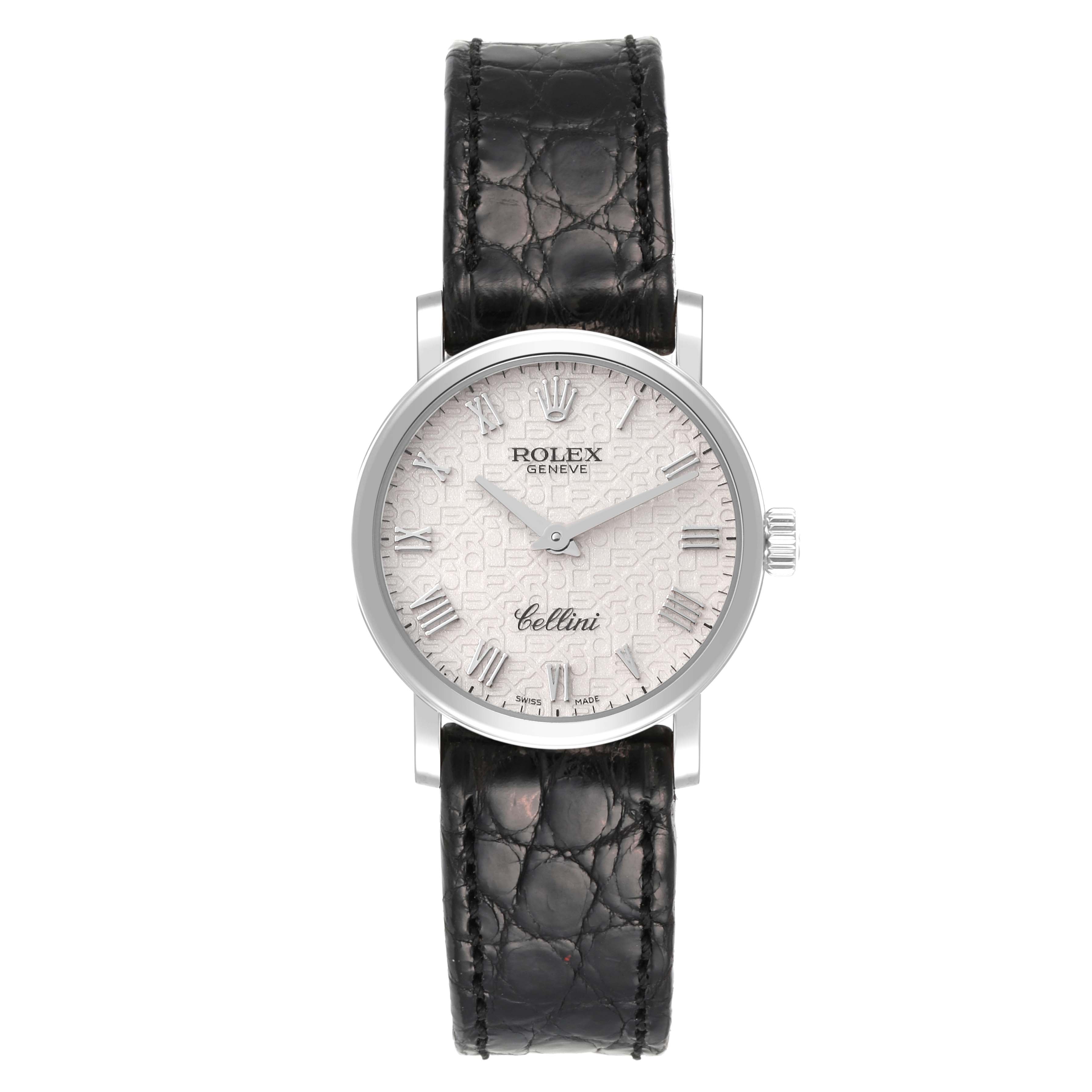 The image shows a front view of a Rolex Cellini 6110/9 Women's White Gold White Dial 6110/9 Women's White Gold White Dial watch with a textured dial and black leather strap.