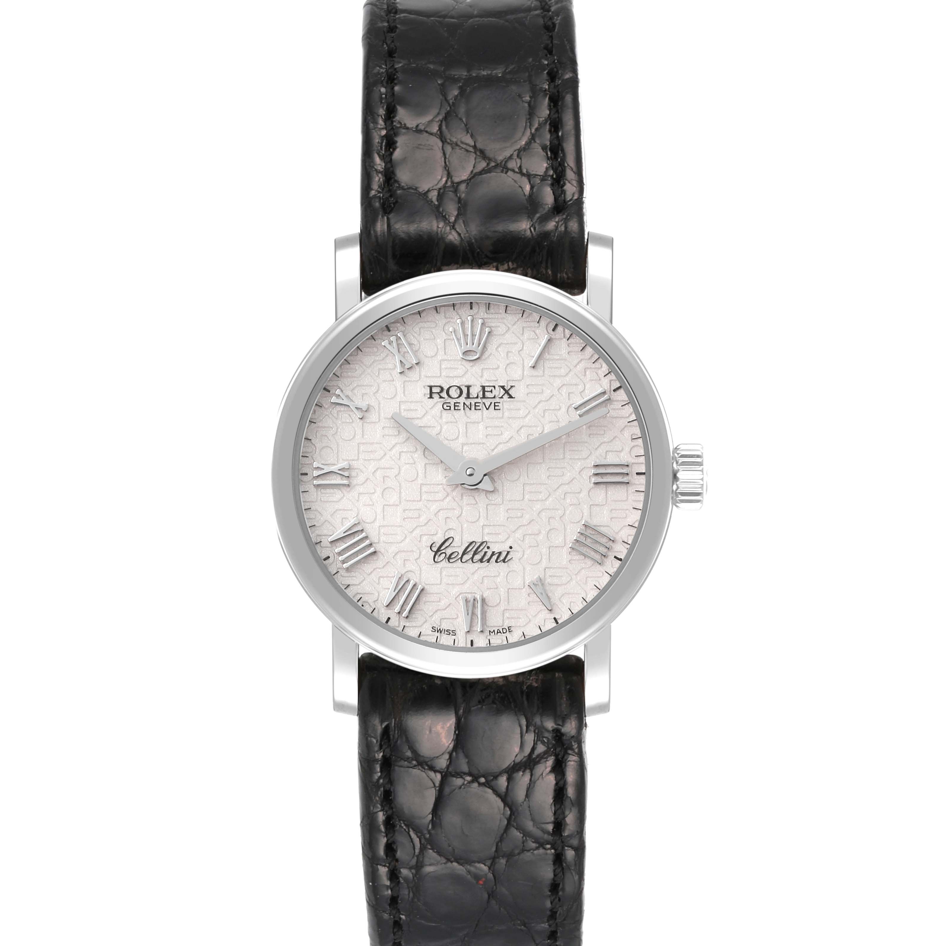 The image shows a front view of a Rolex Cellini 6110/9 Women's White Gold White Dial 6110/9 Women's White Gold White Dial watch, featuring the dial, hands, bezel, and leather strap.