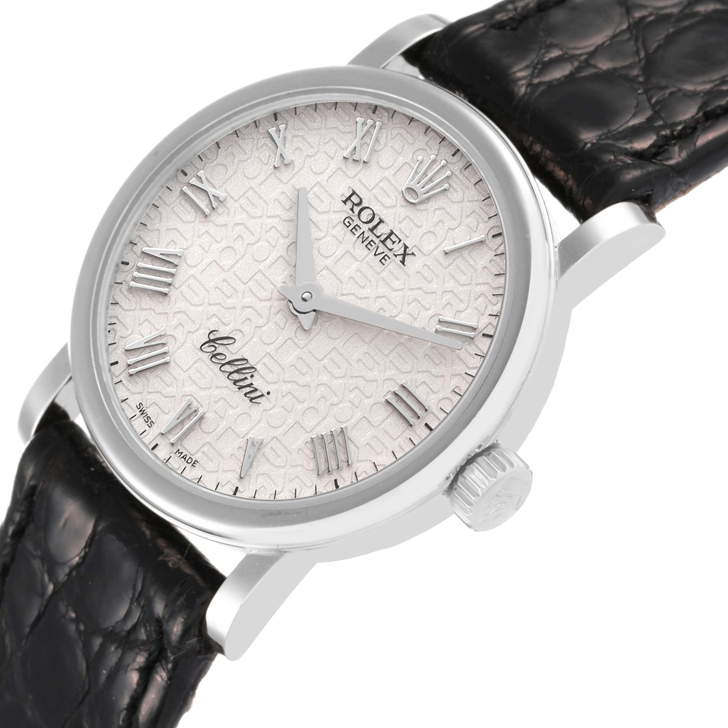 This image shows a close-up, angled view of the Rolex Cellini 6110/9 Women's White Gold White Dial 6110/9 Women's White Gold White Dial watch face, bezel, crown, and part of the leather strap.