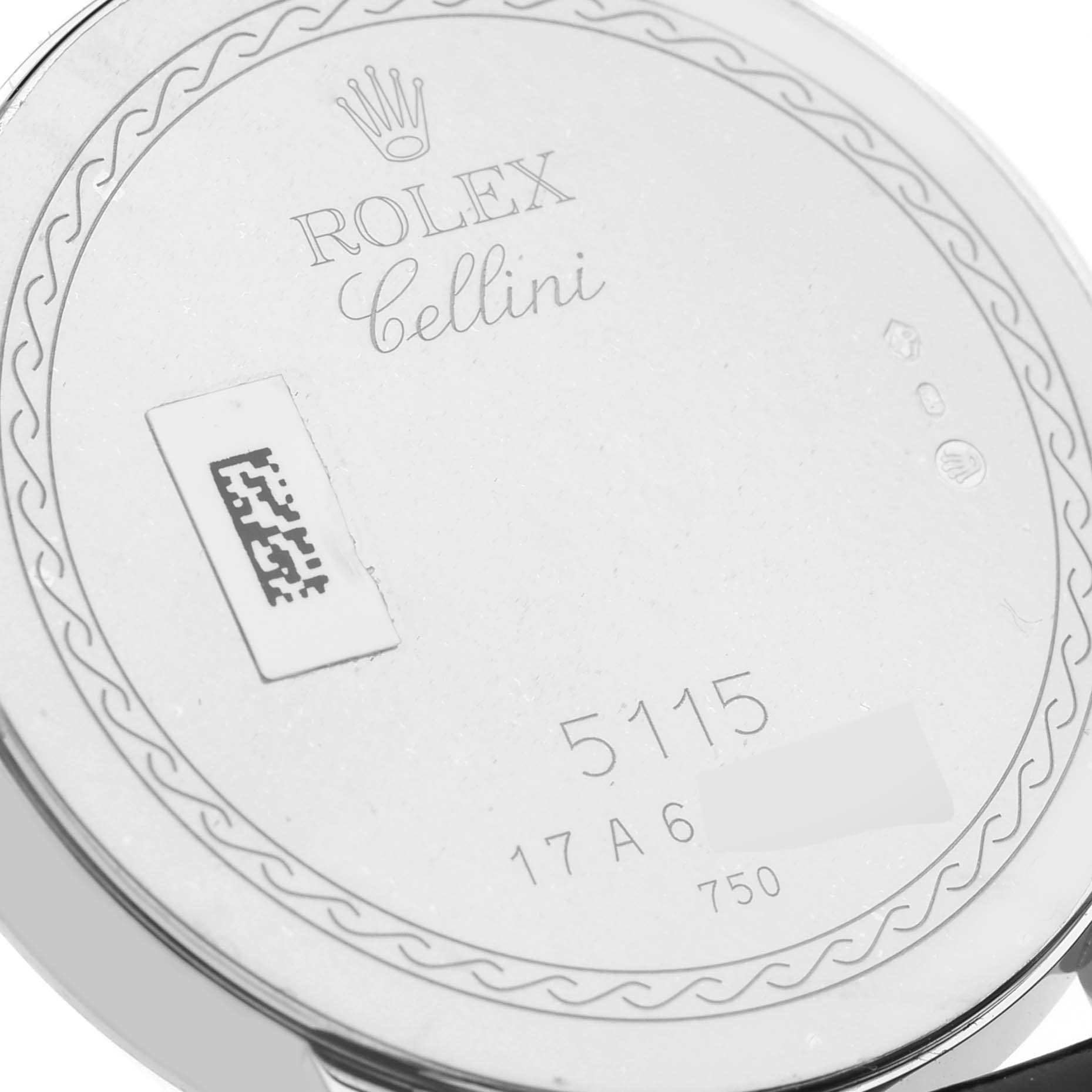 This image shows the underside of a Rolex Cellini 5115/9 Men
s White Gold Silver Dial 5115/9 Men
s White Gold Silver Dial model watch, including engraved markings and a QR code.