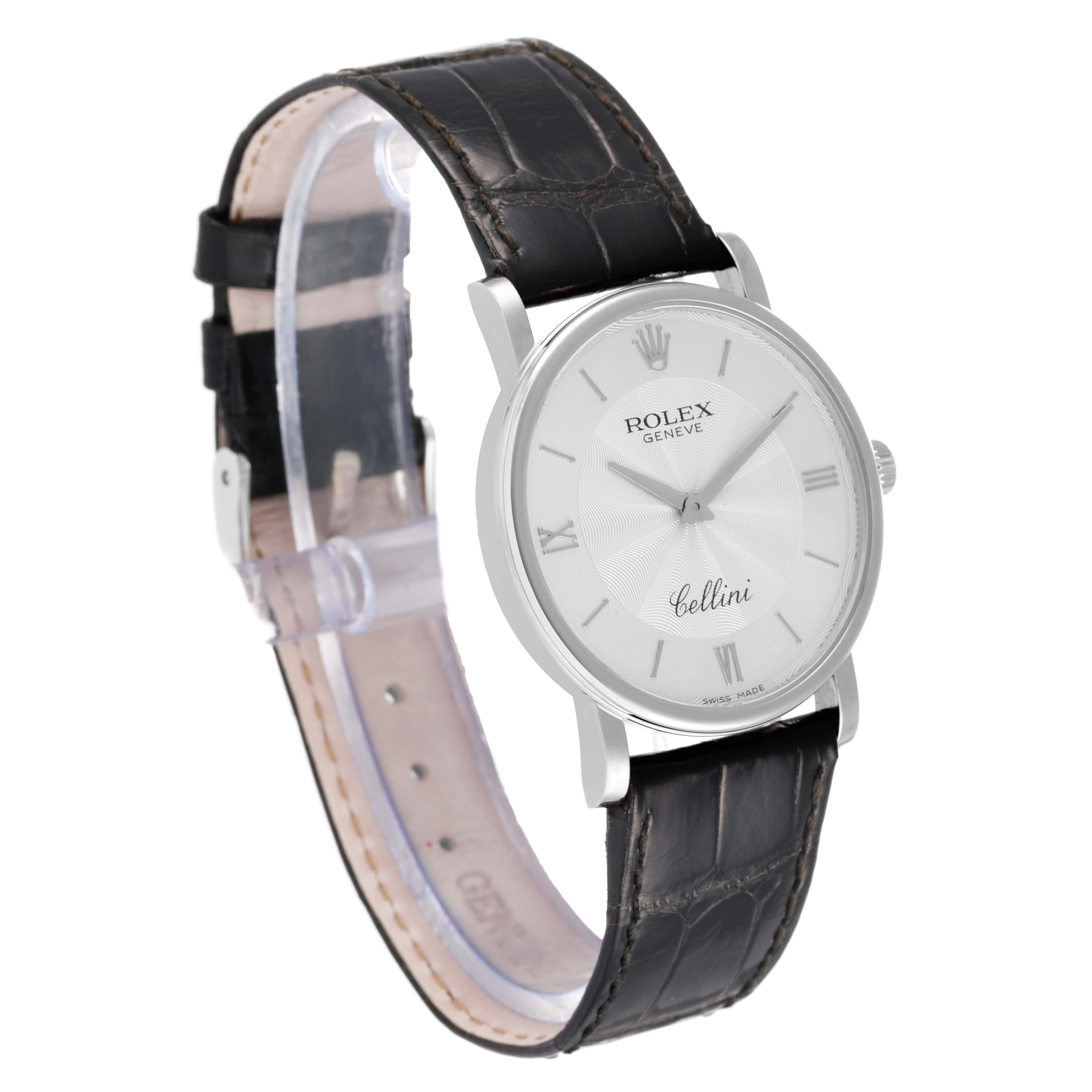 The image shows a Rolex Cellini 5115/9 Men
s White Gold Silver Dial 5115/9 Men
s White Gold Silver Dial watch angled slightly to the front, featuring its dial, case, and leather strap.