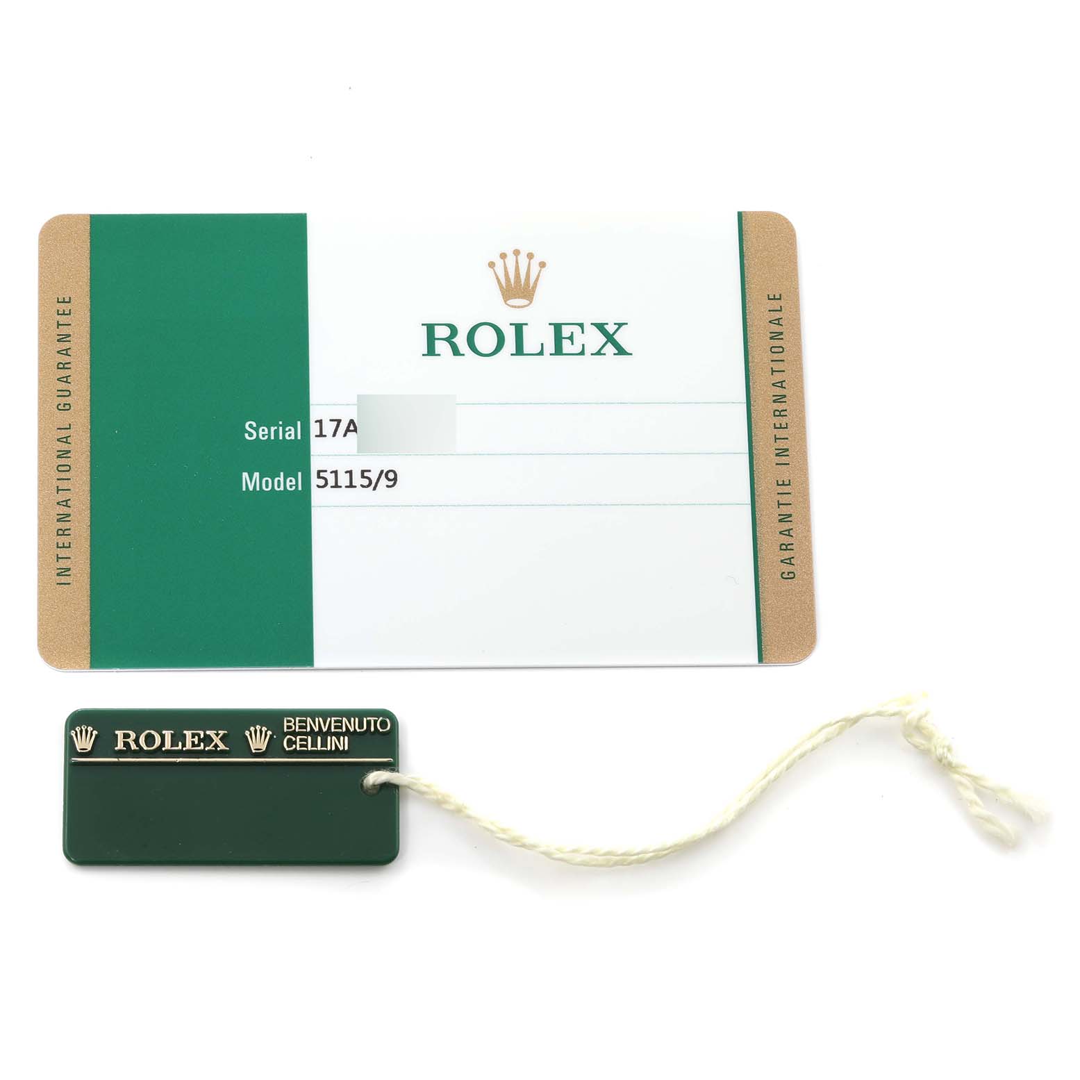 The image shows the guarantee card and tag for the Rolex Cellini 5115/9 Men
s White Gold Silver Dial 5115/9 Men
s White Gold Silver Dial model, serial 17A, model 5115/9.