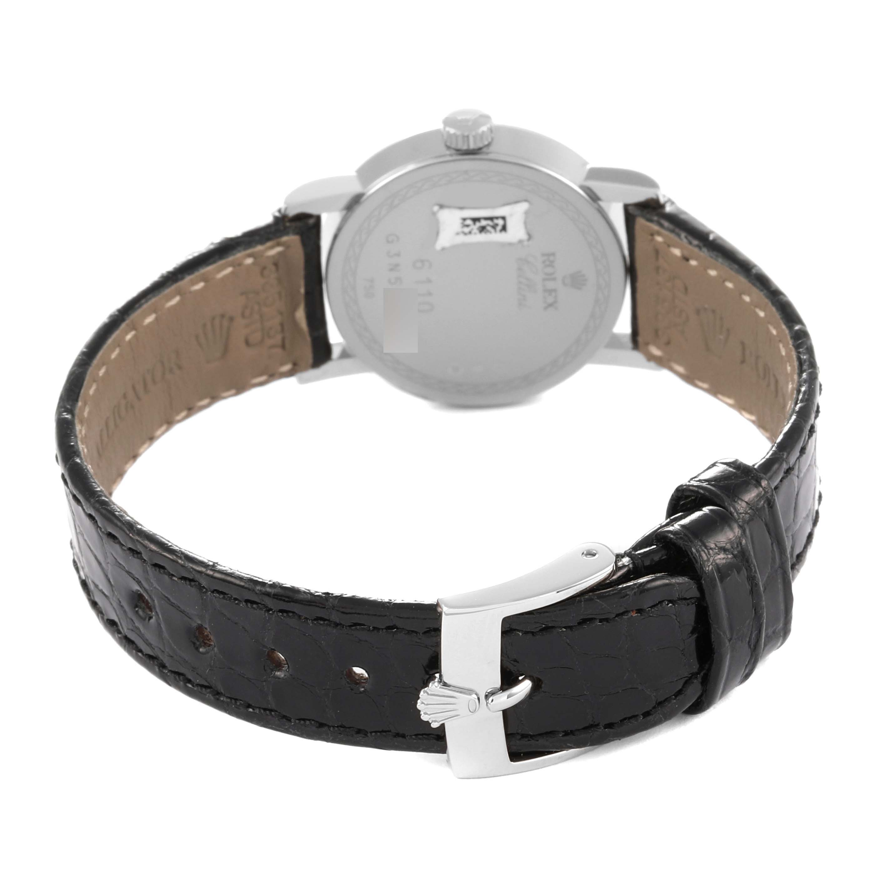 The image shows a Rolex Cellini 6110/9 Women's White Gold Mother of Pearl Dial 6110/9 Women's White Gold Mother of Pearl Dial watch from the rear, displaying its back case, leather strap, and clasp.