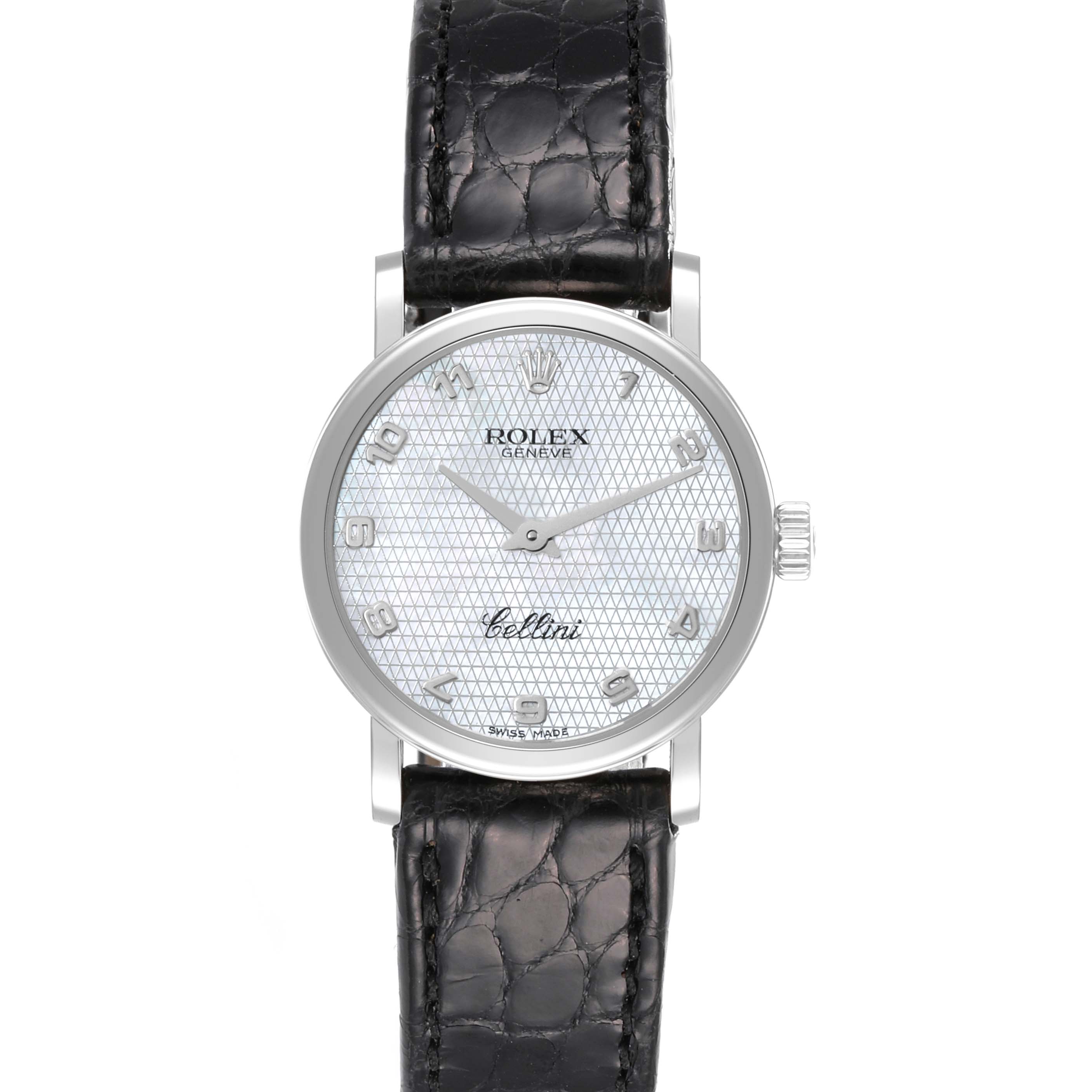 The Rolex Cellini 6110/9 Women's White Gold Mother of Pearl Dial 6110/9 Women's White Gold Mother of Pearl Dial watch is shown from a front angle, displaying its face, dial, case, crown, and leather strap.