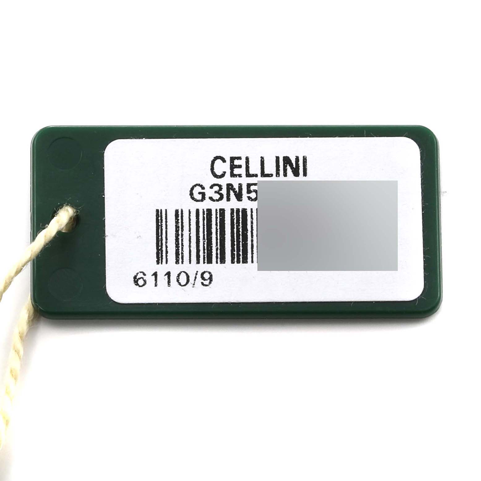 The image shows a green tag with a barcode and the model "Cellini" by Rolex.