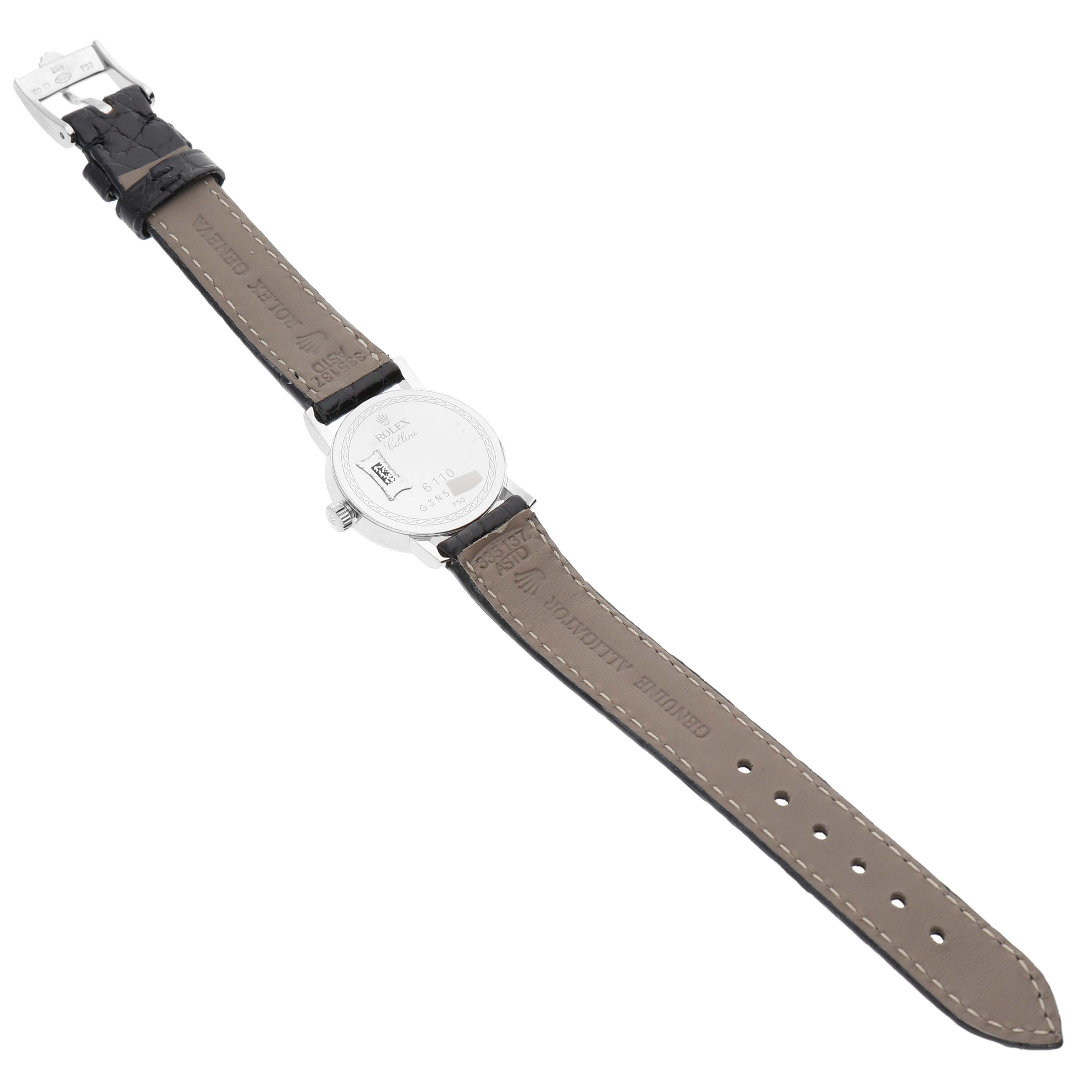 The image shows the back of a Rolex Cellini 6110/9 Women's White Gold Mother of Pearl Dial 6110/9 Women's White Gold Mother of Pearl Dial watch, displaying the leather strap and case back.