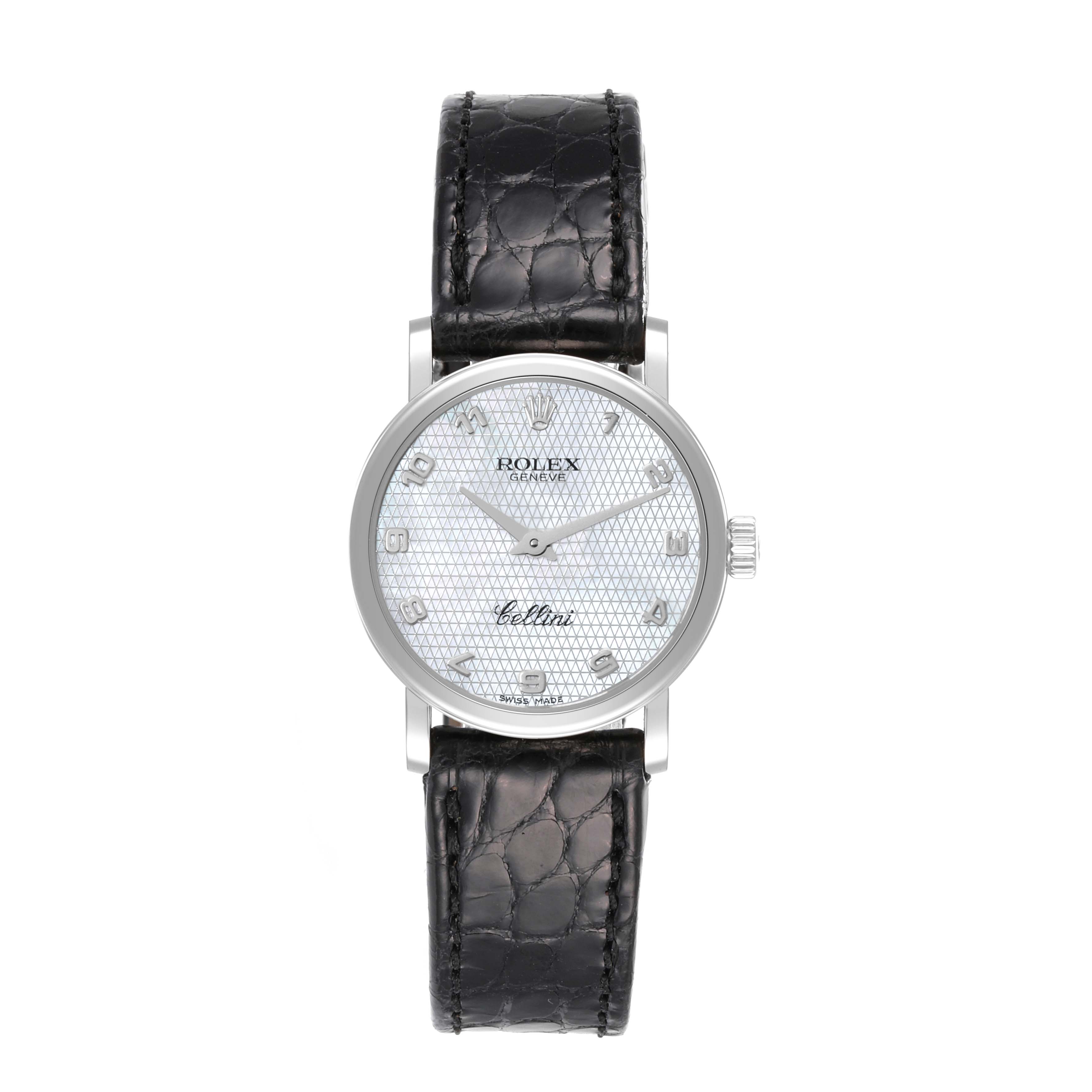 The Rolex Cellini 6110/9 Women's White Gold Mother of Pearl Dial 6110/9 Women's White Gold Mother of Pearl Dial watch is shown from a front angle, displaying the face, dial, and strap.