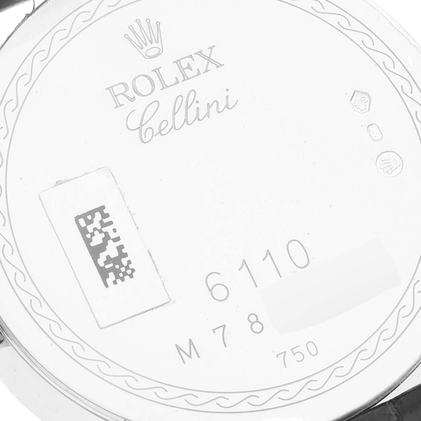 The image shows the back case of a Rolex Cellini 6110/9 Women's White Gold Mother of Pearl Dial 6110/9 Women's White Gold Mother of Pearl Dial watch, highlighting the engravings and brand markings.