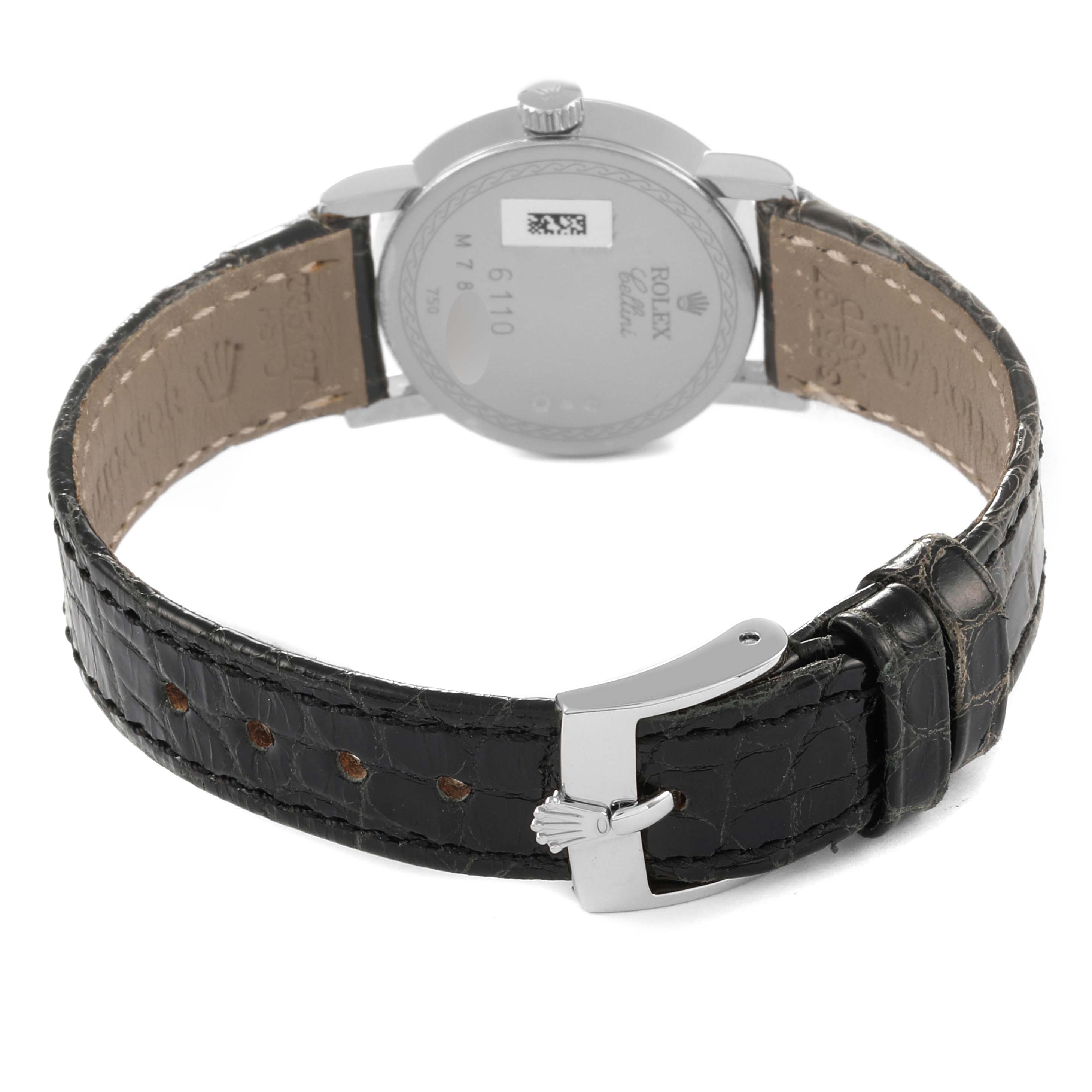 The image shows the back view of a Rolex Cellini 6110/9 Women's White Gold Mother of Pearl Dial 6110/9 Women's White Gold Mother of Pearl Dial watch, highlighting the case back, leather strap, and buckle.