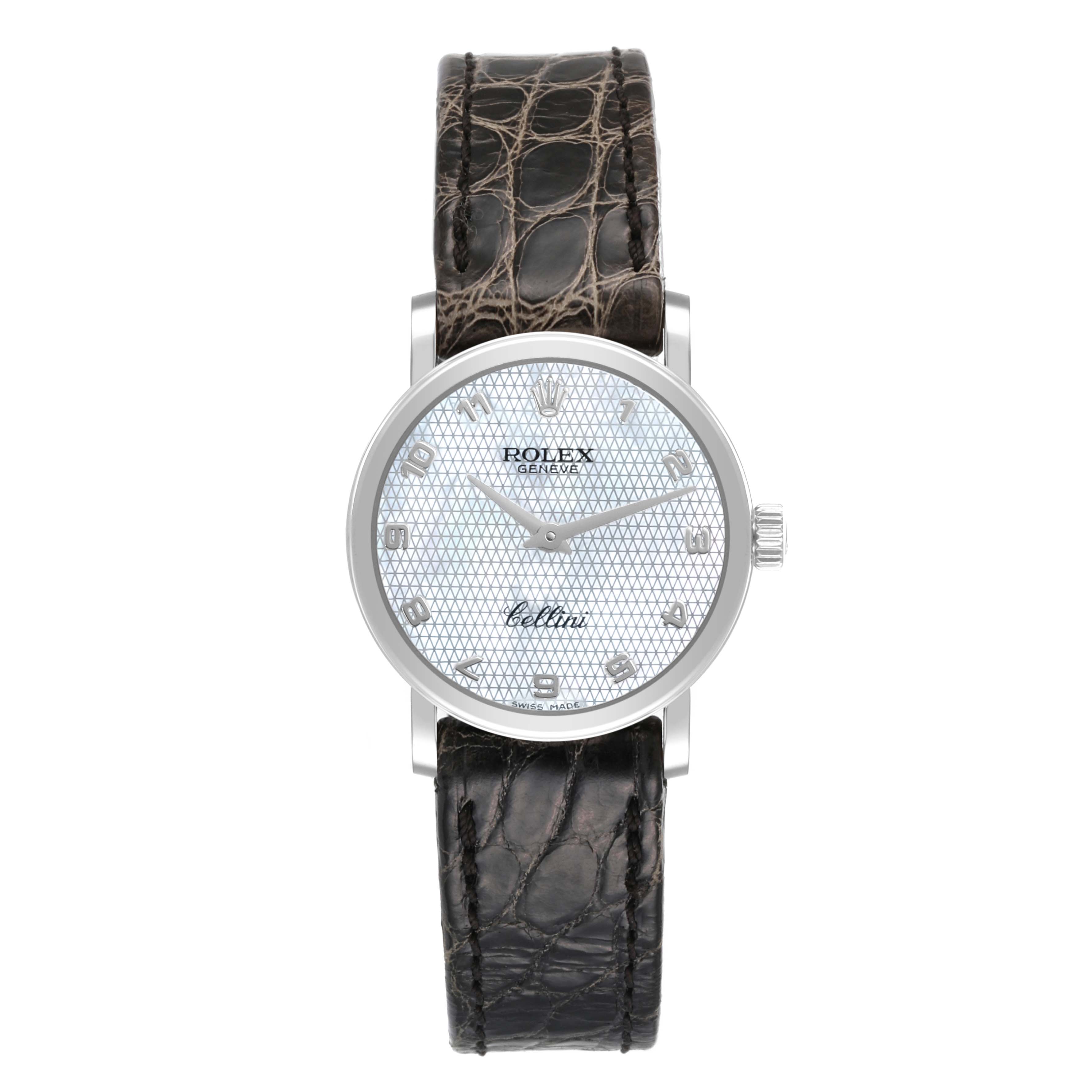 The image shows a front view of the Rolex Cellini 6110/9 Women's White Gold Mother of Pearl Dial 6110/9 Women's White Gold Mother of Pearl Dial watch, featuring its dial, case, and leather band.