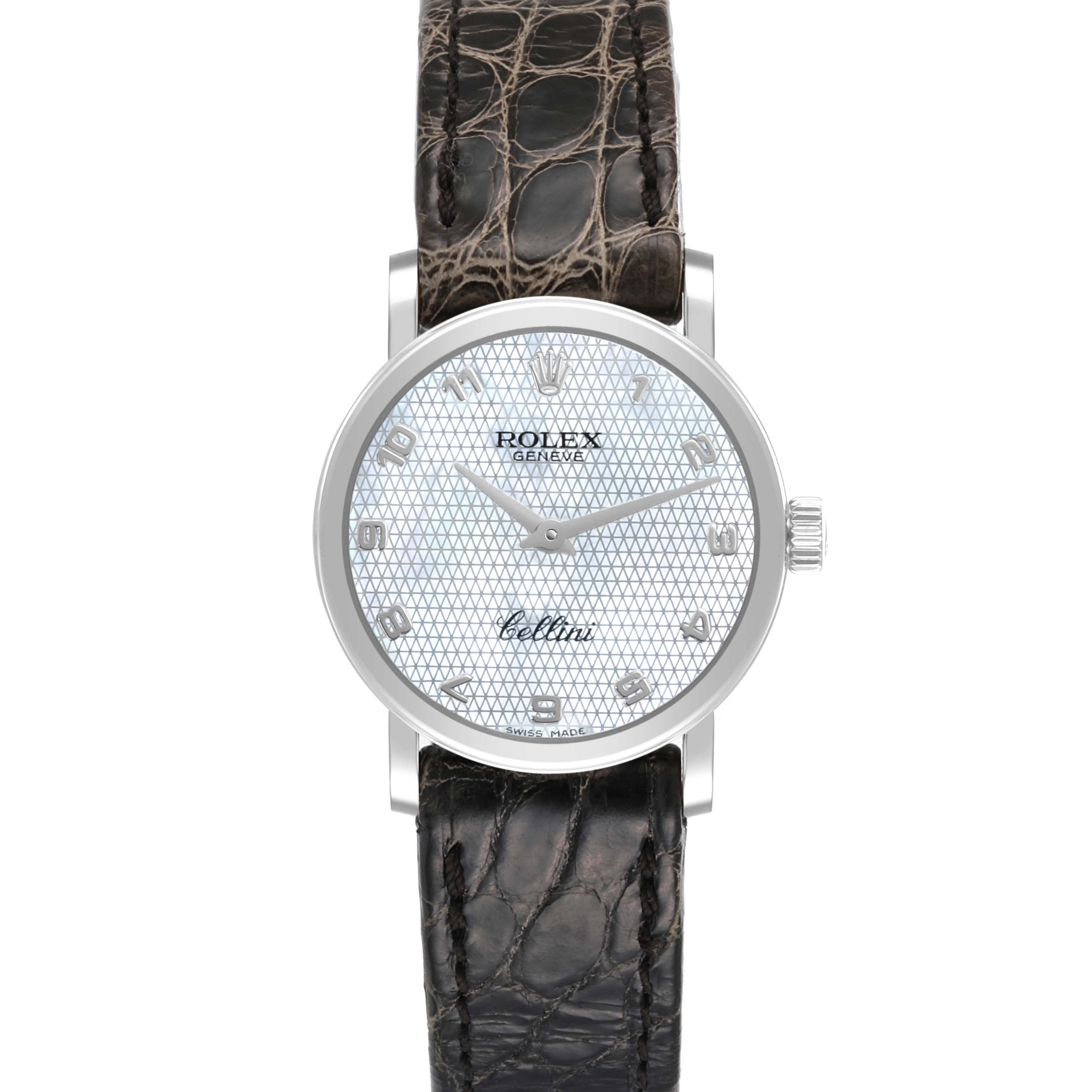 This image shows a front view of a Rolex Cellini 6110/9 Women's White Gold Mother of Pearl Dial 6110/9 Women's White Gold Mother of Pearl Dial watch, highlighting its dial, case, and leather strap.