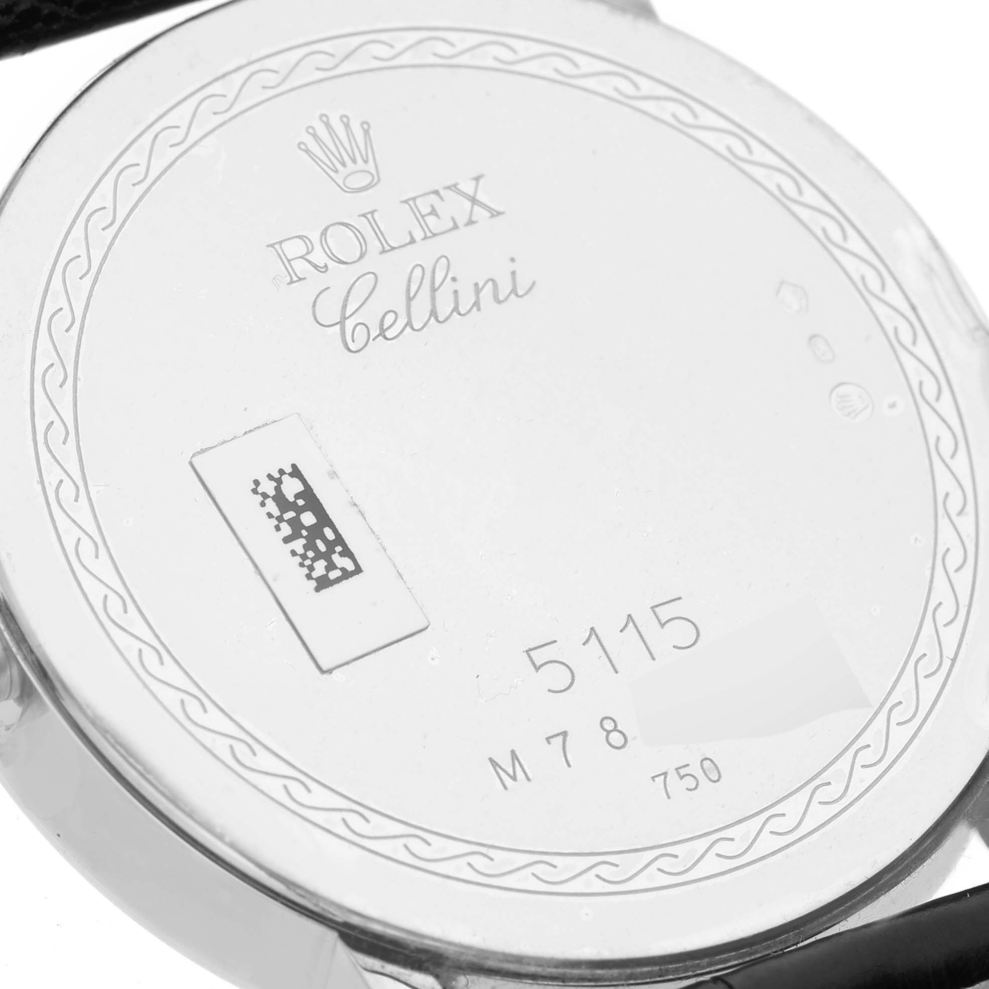This shows the backside of a Rolex Cellini 5115/9 Men's White Gold Mother of Pearl Dial 5115/9 Men's White Gold Mother of Pearl Dial watch, focusing on the engraved model number and decorative details.