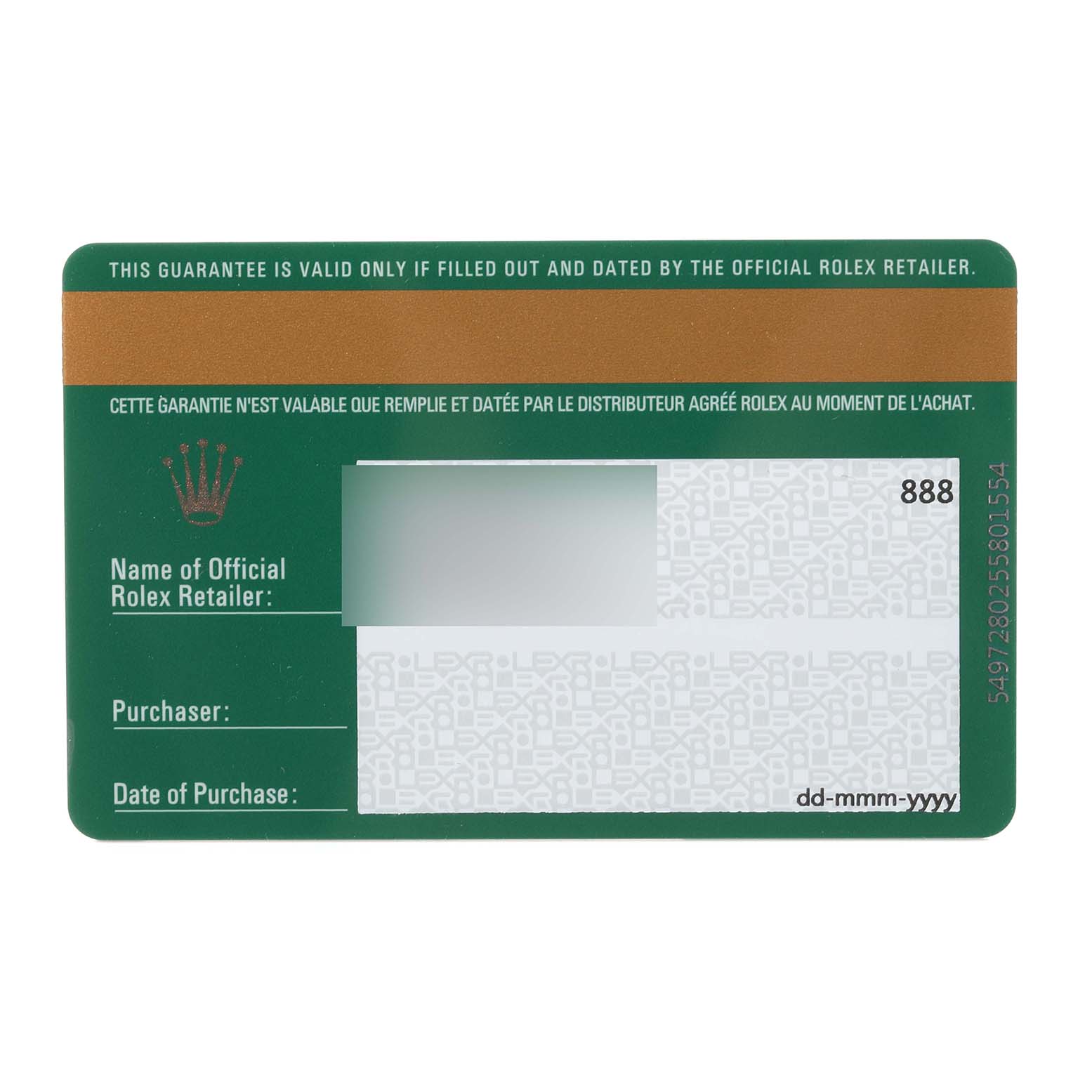 The image shows the front side of the Rolex warranty card for the Cellini model.