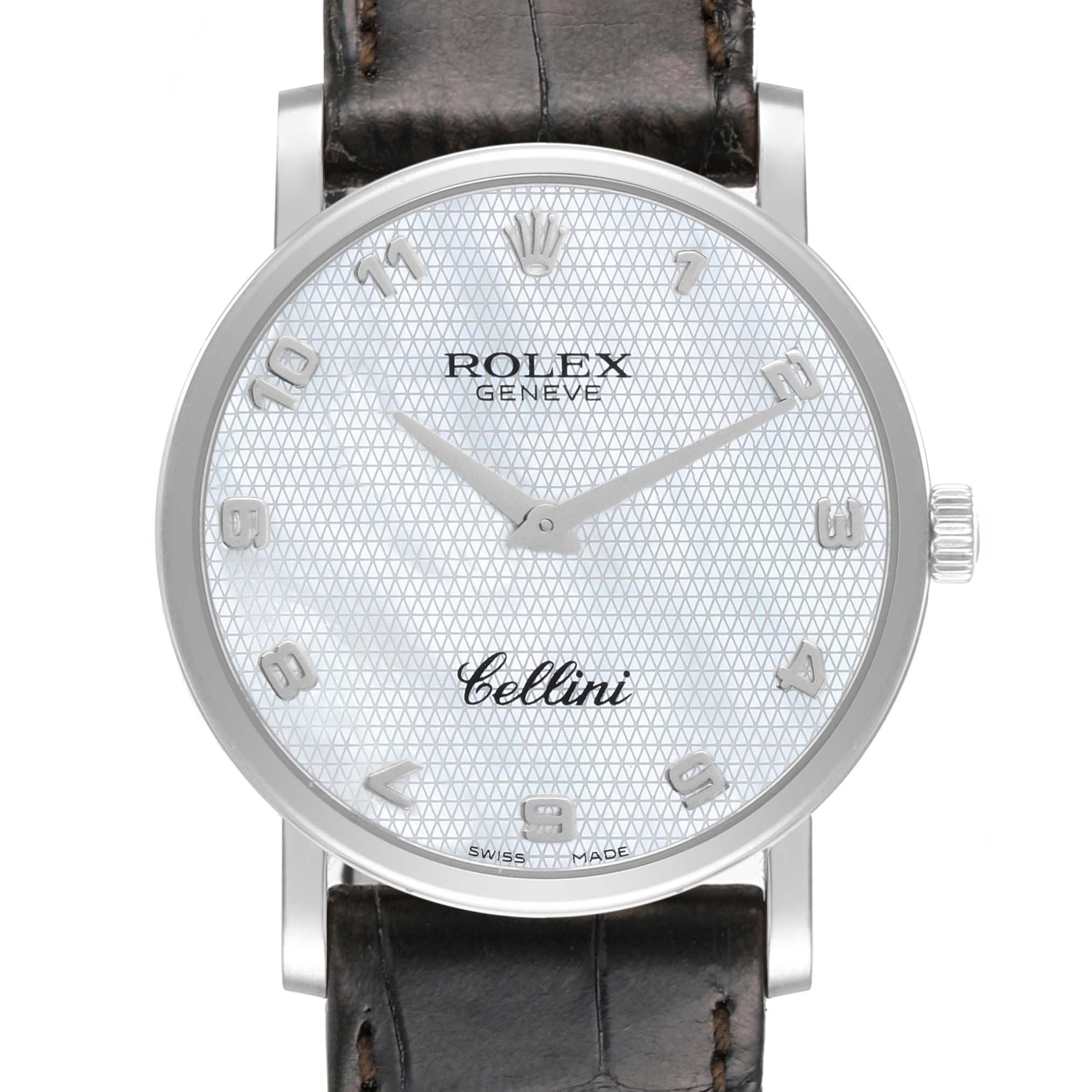 The image shows a front view of a Rolex Cellini 5115/9 Men's White Gold Mother of Pearl Dial 5115/9 Men's White Gold Mother of Pearl Dial watch, highlighting its dial, hands, crown, and leather strap.