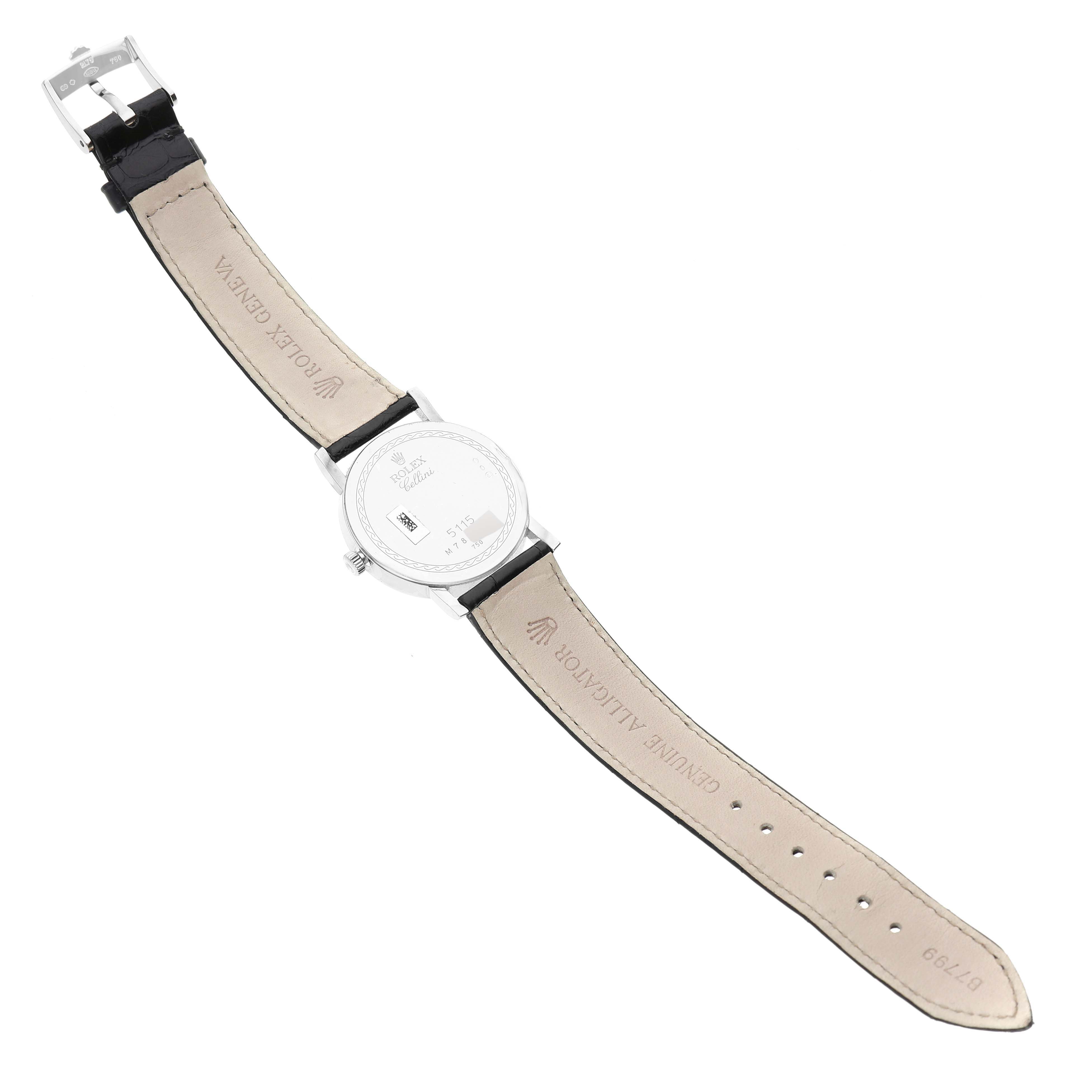 The image shows the backside and band of a Rolex Cellini 5115/9 Men's White Gold Mother of Pearl Dial 5115/9 Men's White Gold Mother of Pearl Dial watch, displaying the strap, buckle, and case back.