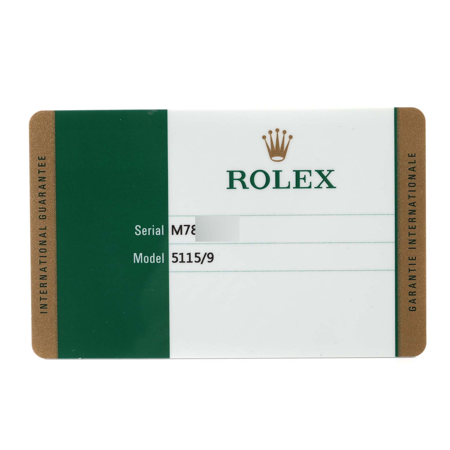 The image shows an international guarantee card for the Rolex Cellini 5115/9 Men's White Gold Mother of Pearl Dial 5115/9 Men's White Gold Mother of Pearl Dial model 5115/9.