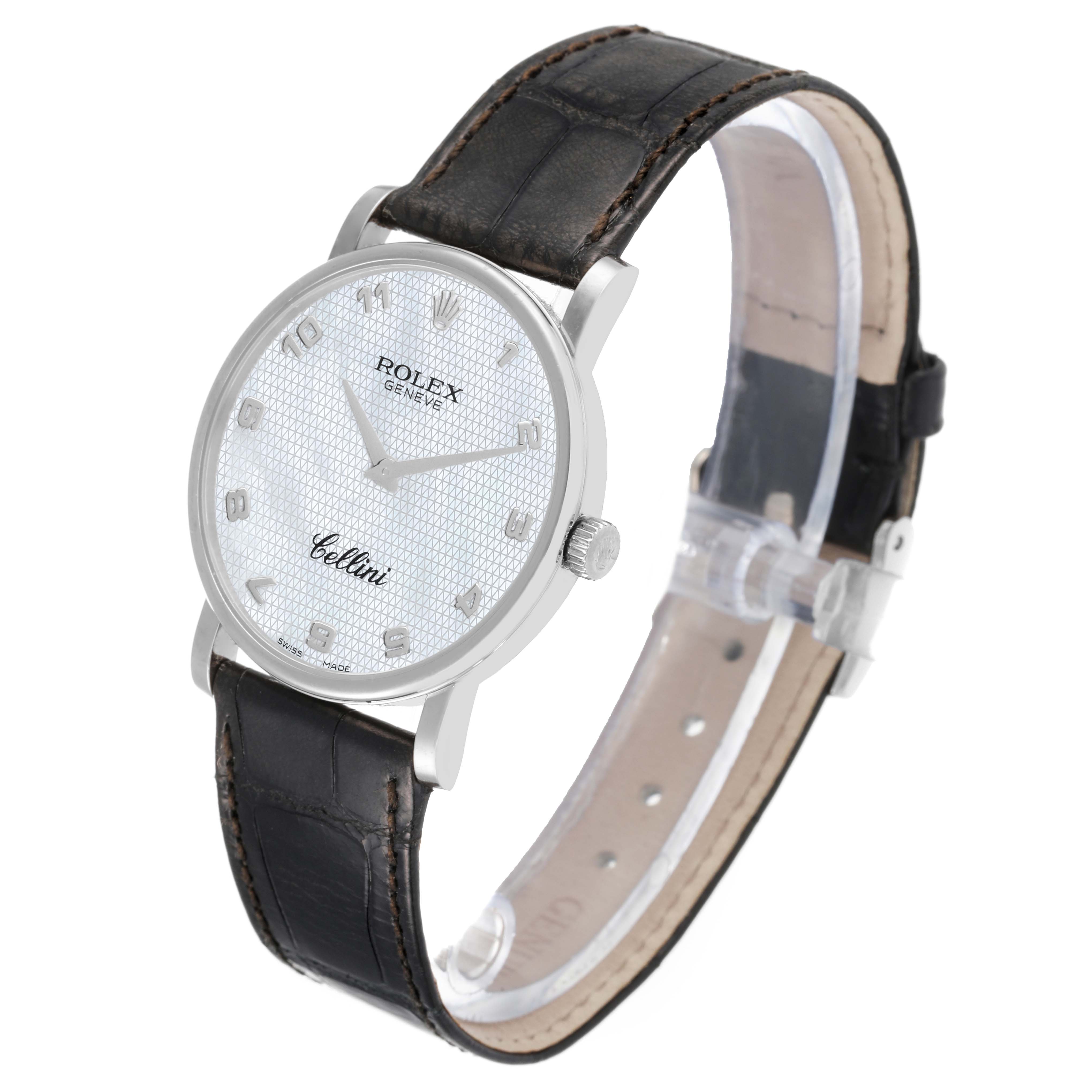 The Rolex Cellini 5115/9 Men's White Gold Mother of Pearl Dial 5115/9 Men's White Gold Mother of Pearl Dial watch is shown at a front angle, displaying the dial, hands, crown, and leather strap.