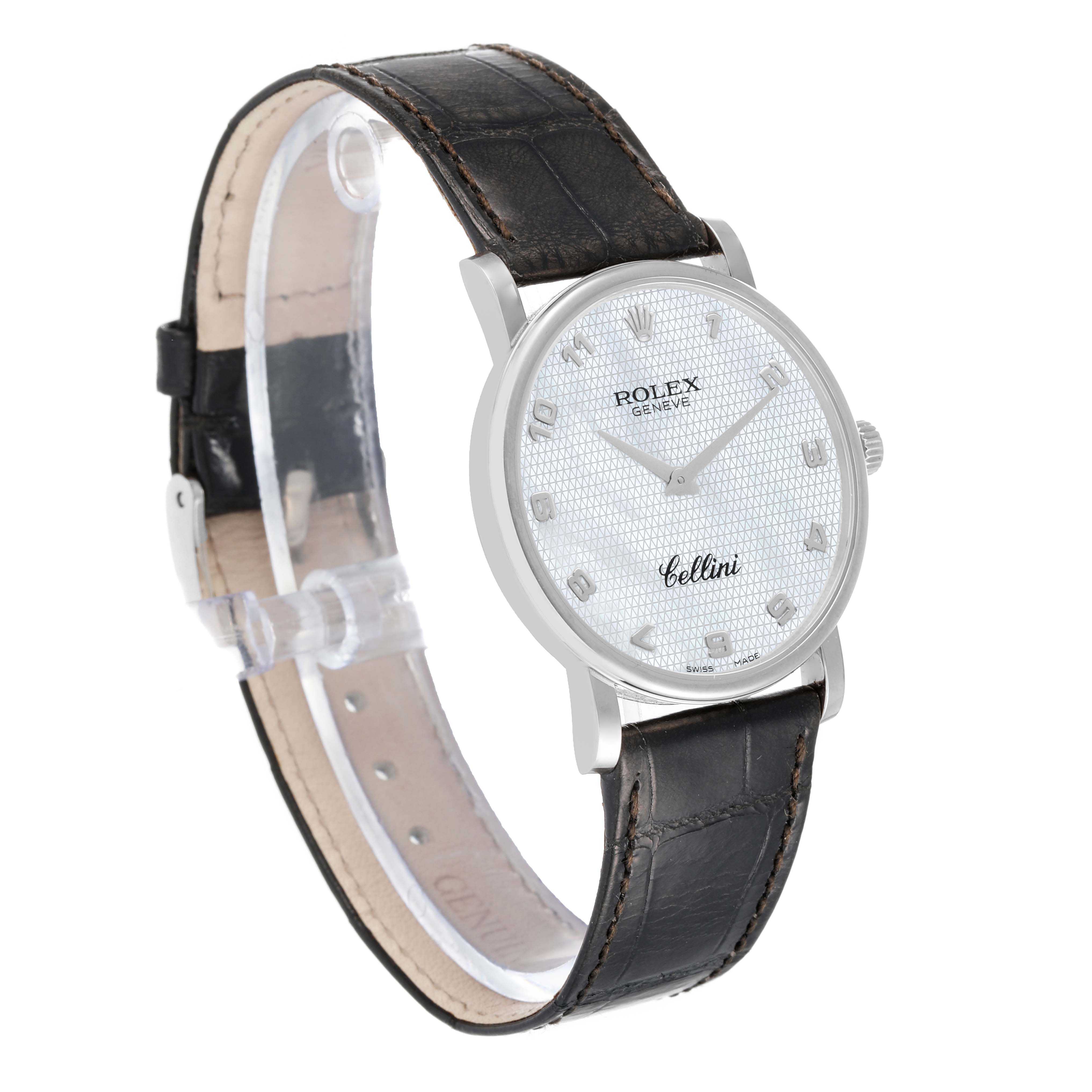 The watch, a Rolex Cellini 5115/9 Men's White Gold Mother of Pearl Dial 5115/9 Men's White Gold Mother of Pearl Dial, is shown at a three-quarter angle displaying its dial, bezel, crown, and leather strap.
