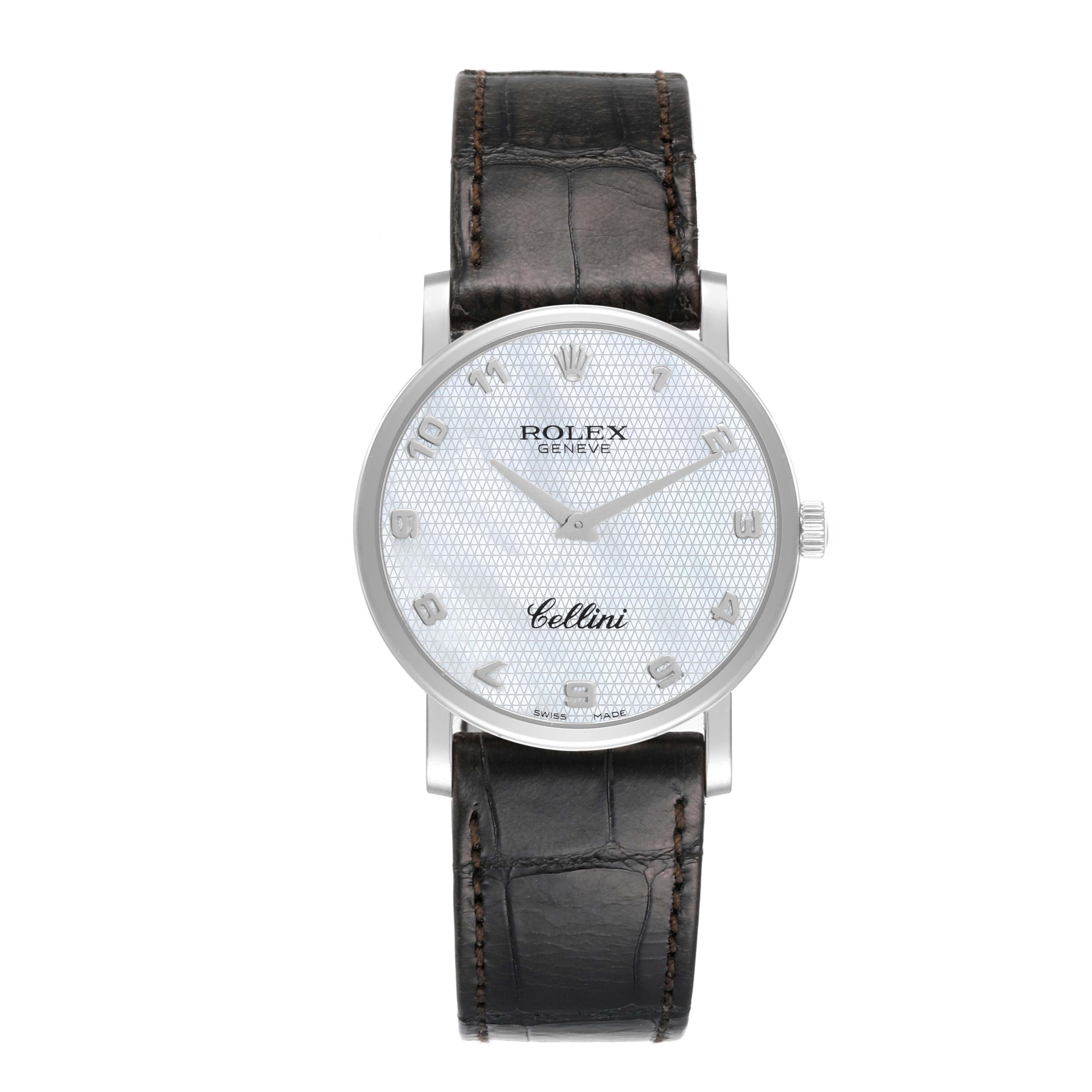 The image shows a front view of a Rolex Cellini 5115/9 Men's White Gold Mother of Pearl Dial 5115/9 Men's White Gold Mother of Pearl Dial watch, displaying the dial, hands, and leather strap.