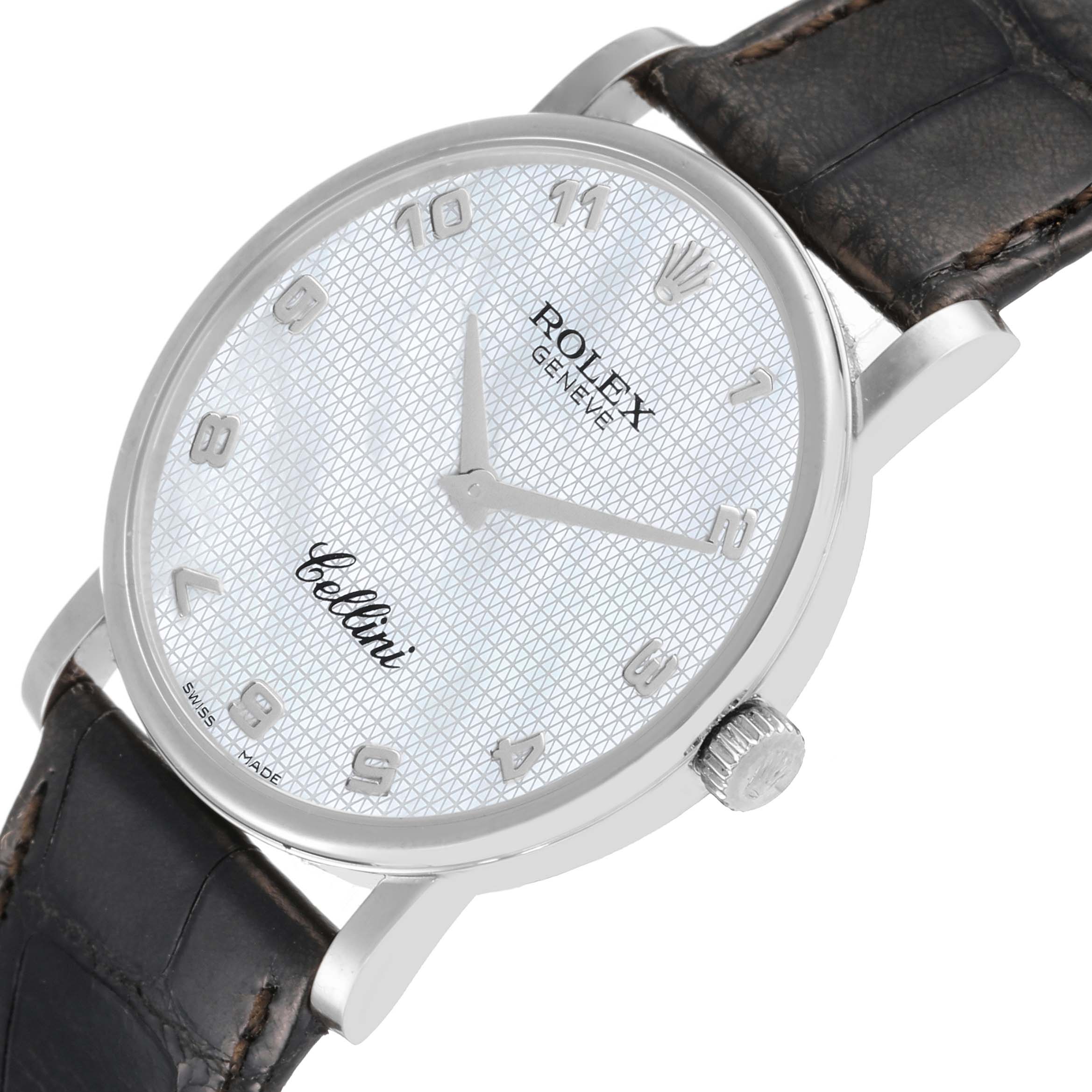 The Rolex Cellini 5115/9 Men's White Gold Mother of Pearl Dial 5115/9 Men's White Gold Mother of Pearl Dial watch is shown at a slight angle, highlighting its face, leather strap, and crown.
