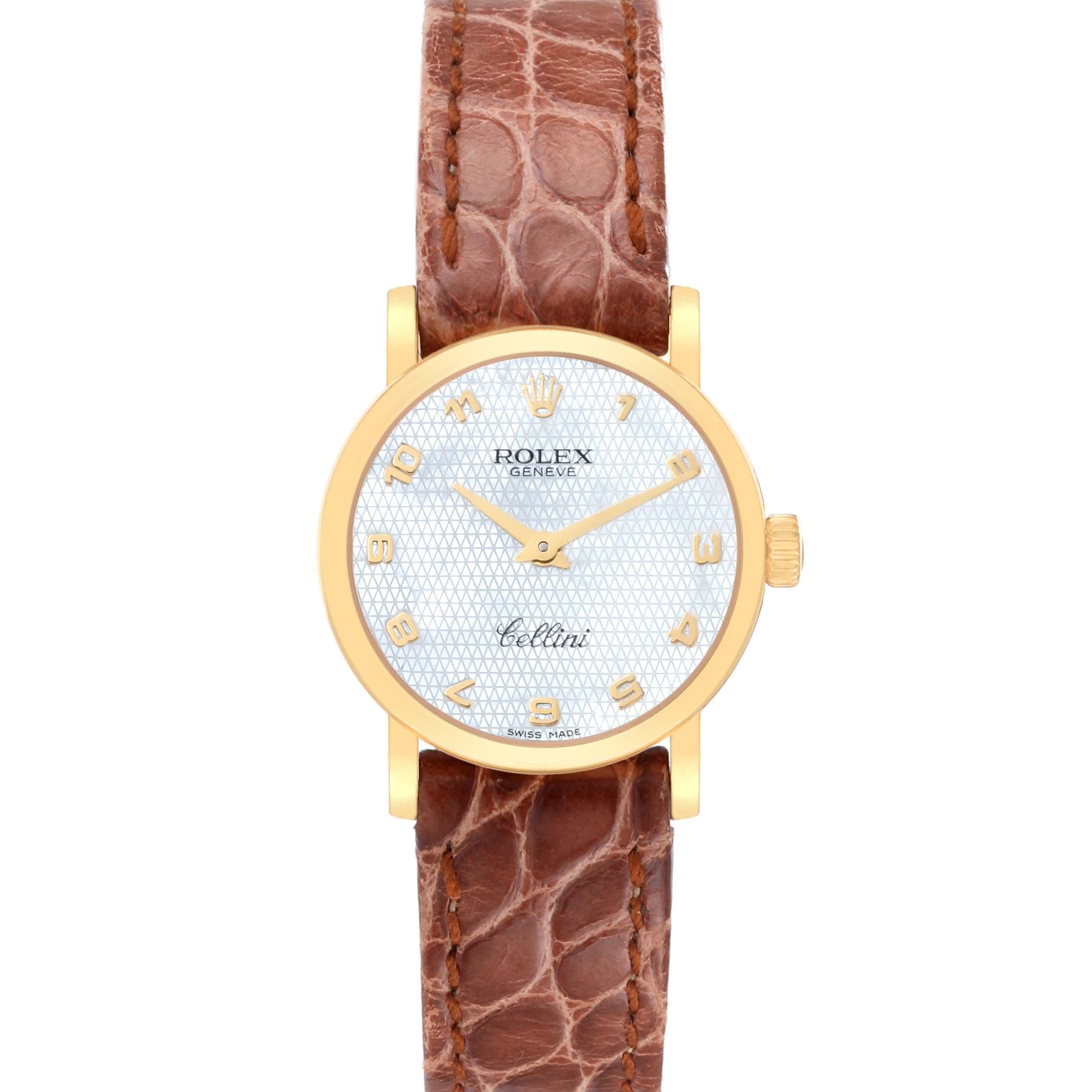 The image shows a front view of a Rolex Cellini 6110/8 Women's Yellow Gold Mother of Pearl Dial 6110/8 Women's Yellow Gold Mother of Pearl Dial watch, featuring a gold case, white dial, and brown leather strap.