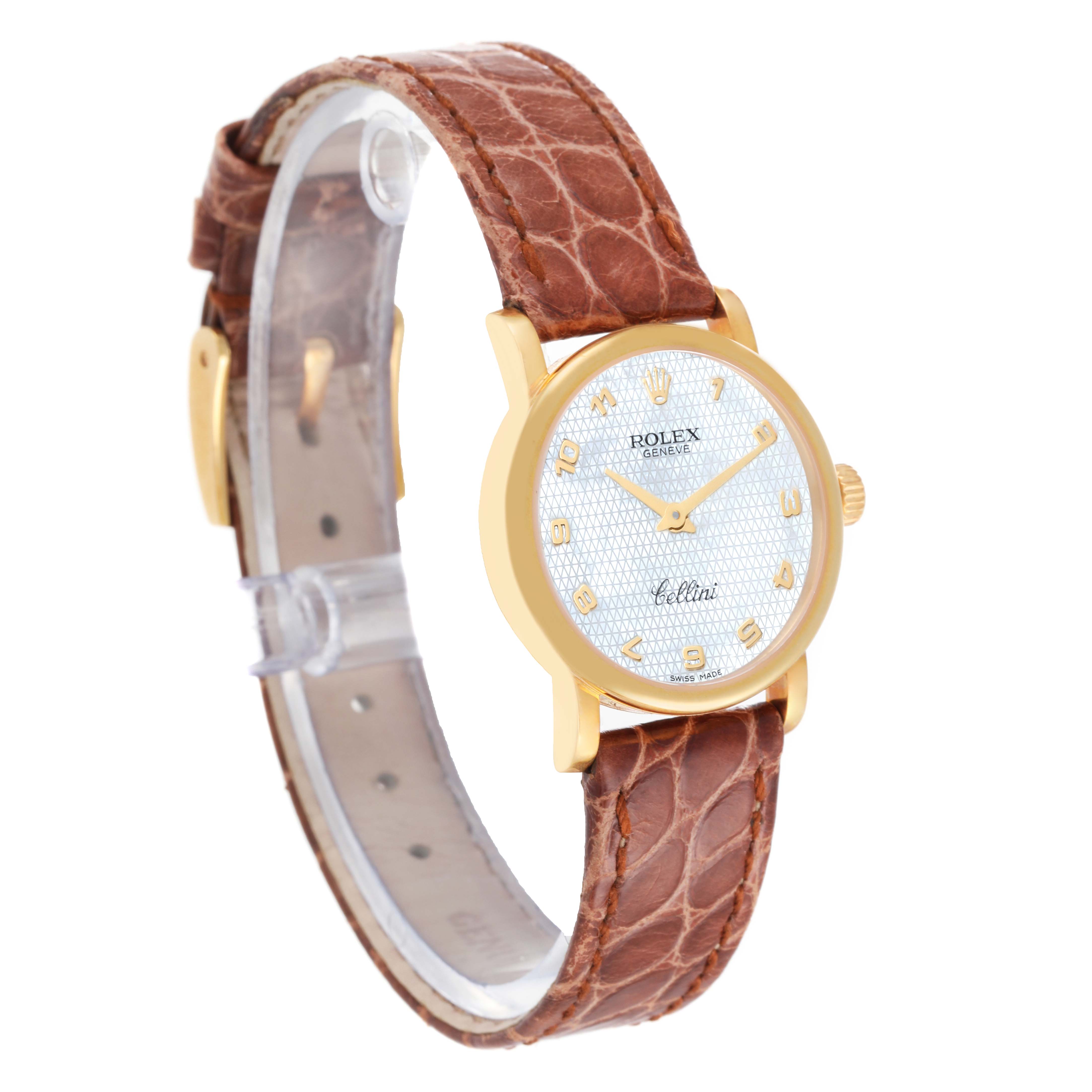 This image shows a Rolex Cellini 6110/8 Women's Yellow Gold Mother of Pearl Dial 6110/8 Women's Yellow Gold Mother of Pearl Dial watch at an angled view, displaying the leather strap, gold case, and textured dial.