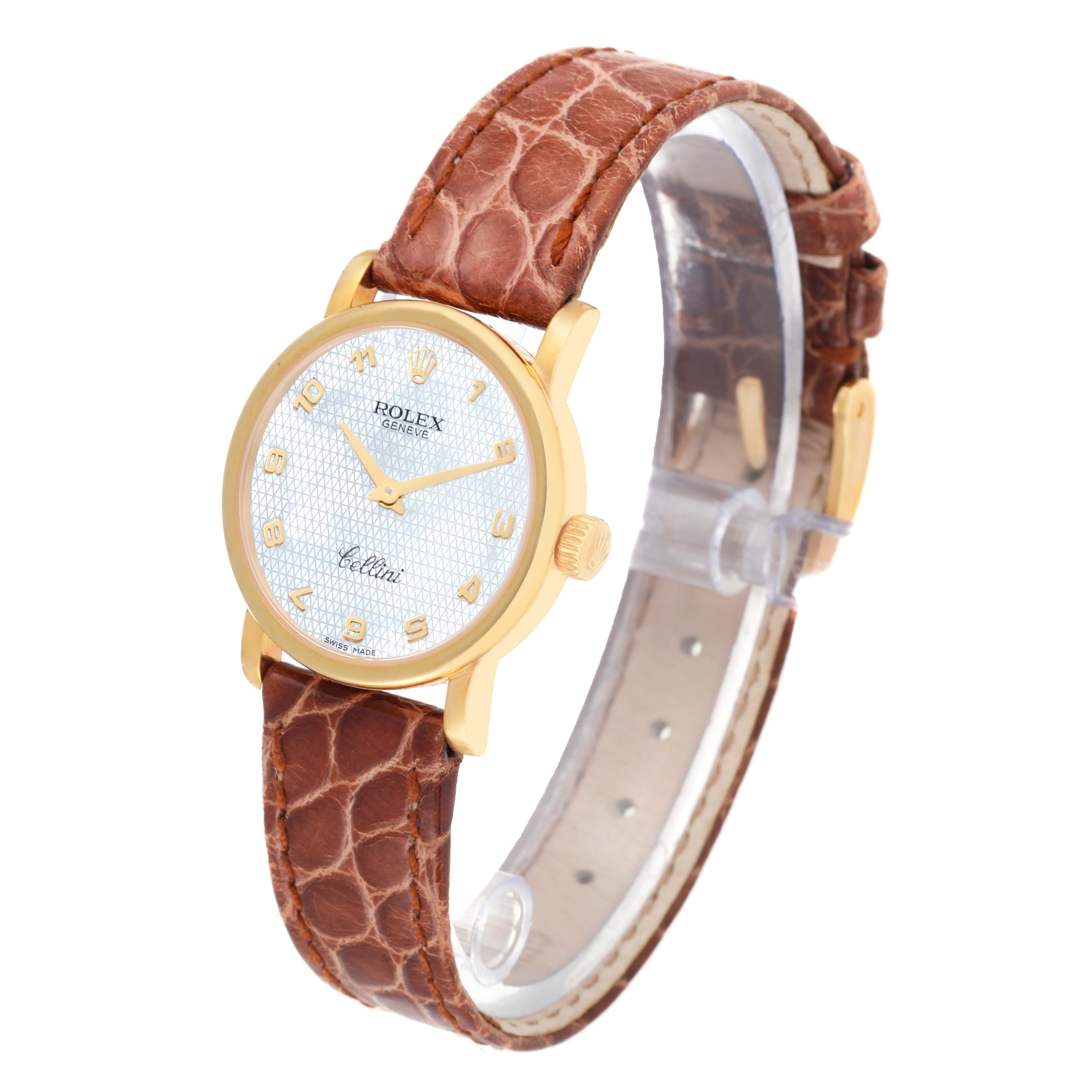 This Rolex Cellini 6110/8 Women's Yellow Gold Mother of Pearl Dial 6110/8 Women's Yellow Gold Mother of Pearl Dial watch is shown from a slightly angled side view, displaying the dial, leather strap, and clasp.