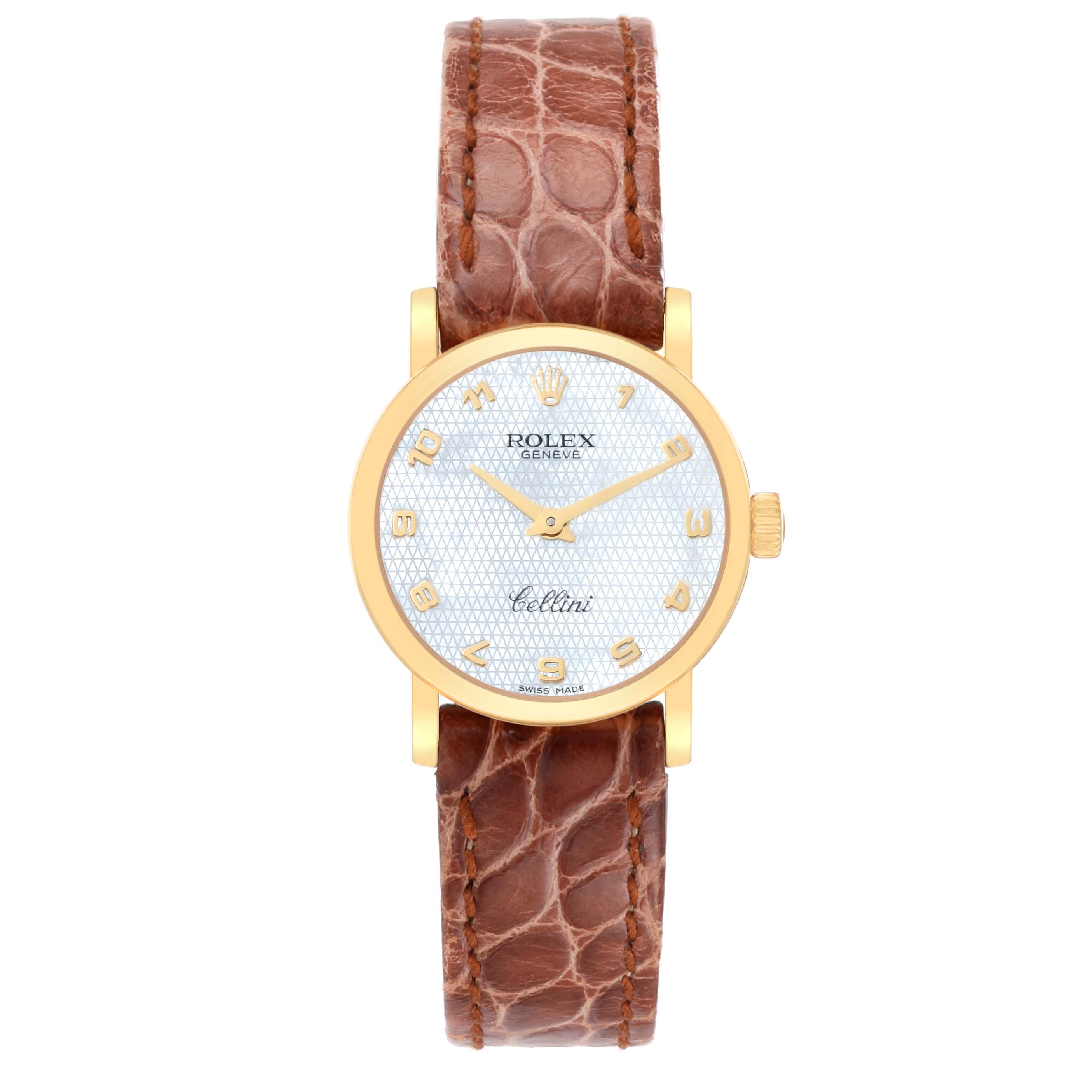 This is a top-view image of a Rolex Cellini 6110/8 Women's Yellow Gold Mother of Pearl Dial 6110/8 Women's Yellow Gold Mother of Pearl Dial watch, showcasing the face, brown leather strap, and gold case.