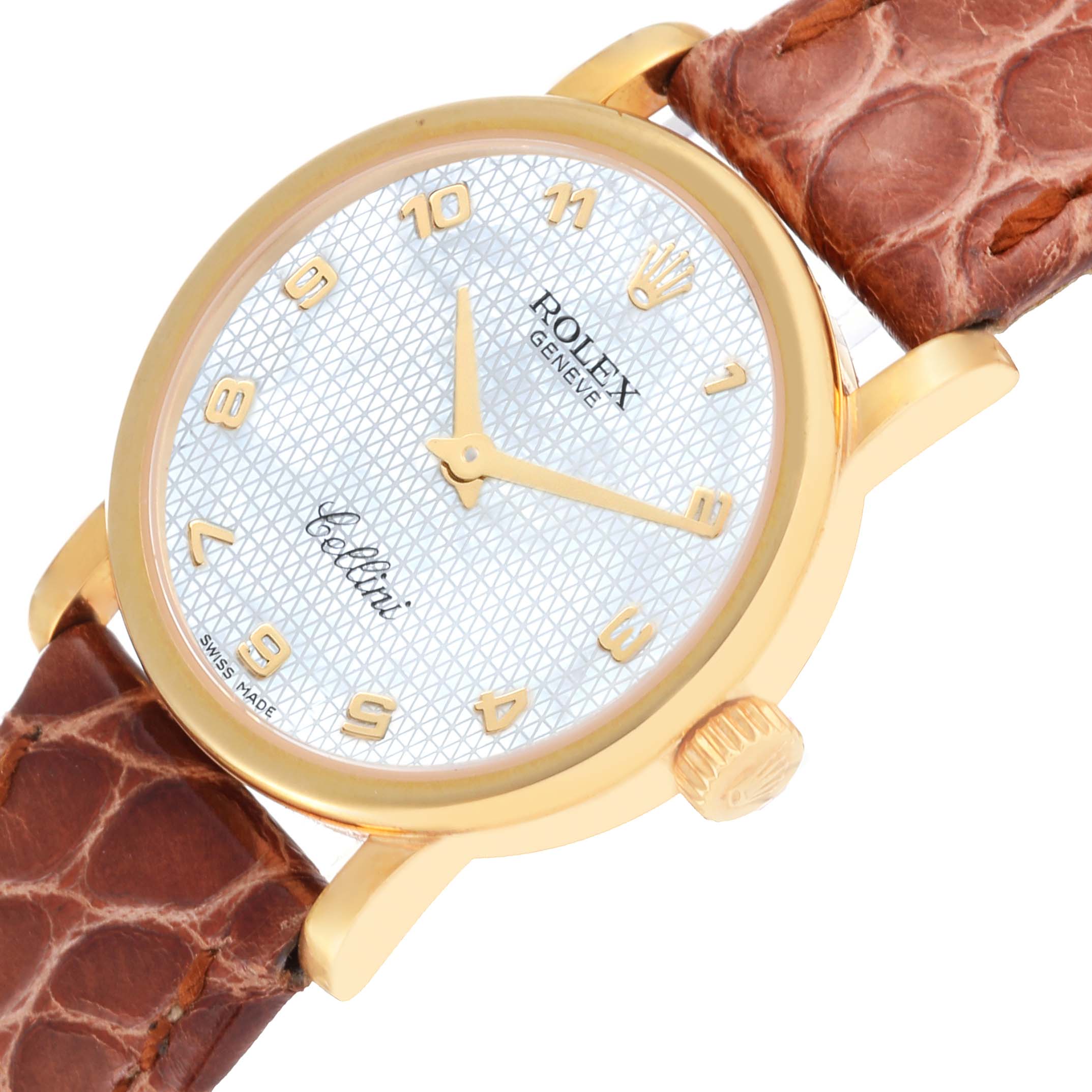 The Rolex Cellini 6110/8 Women's Yellow Gold Mother of Pearl Dial 6110/8 Women's Yellow Gold Mother of Pearl Dial watch is shown at a slight angle, displaying its face, crown, and leather strap.